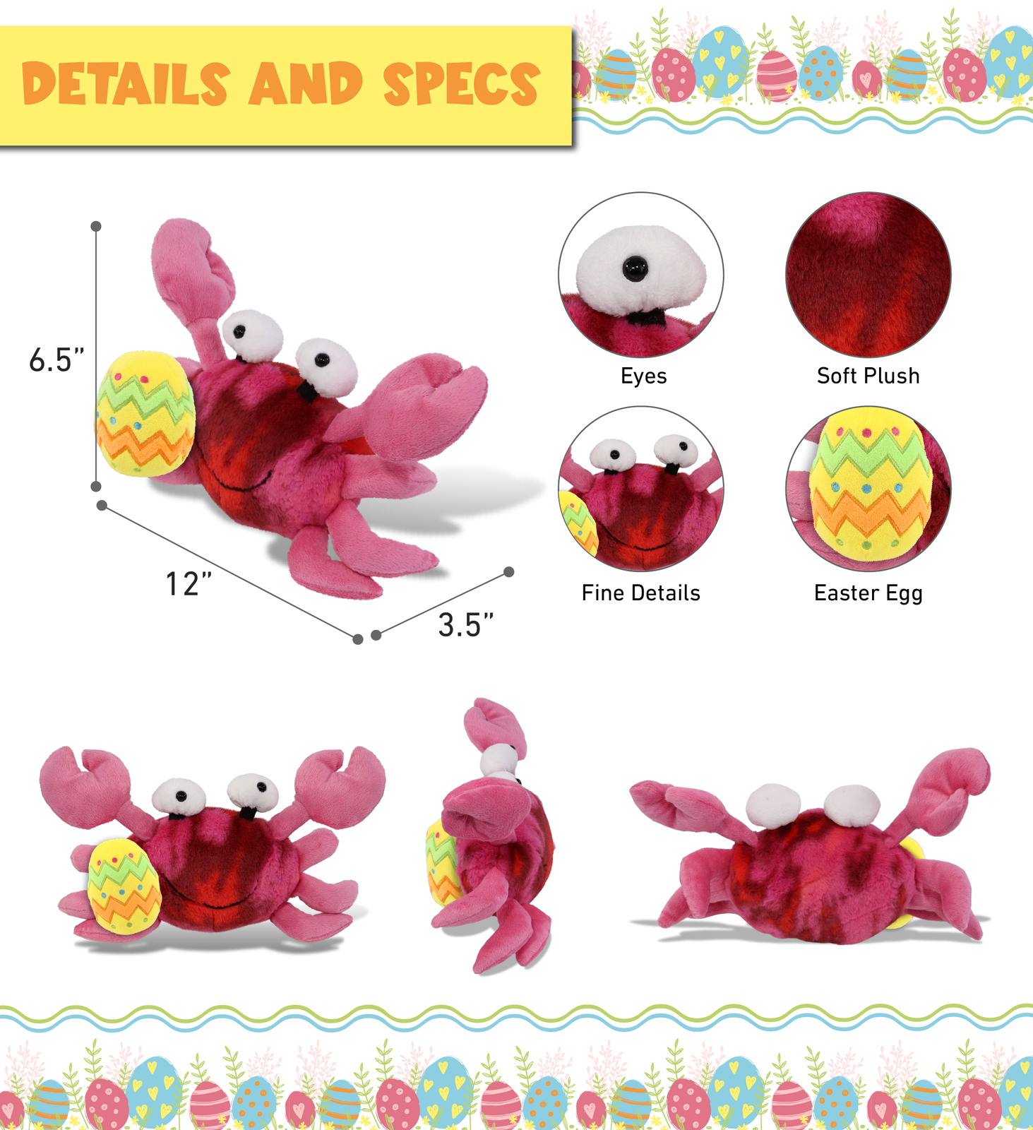 DolliBu Super Soft Pink Tie-Dye Crab with Yellow Easter Egg Plush – 12 Inches