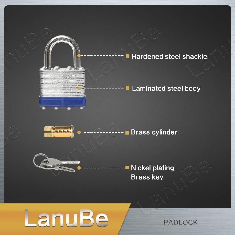LanuBe Lock Laminated keyed Padlock (1-9/16″, 40mm), 12 Pack Blue, Silver