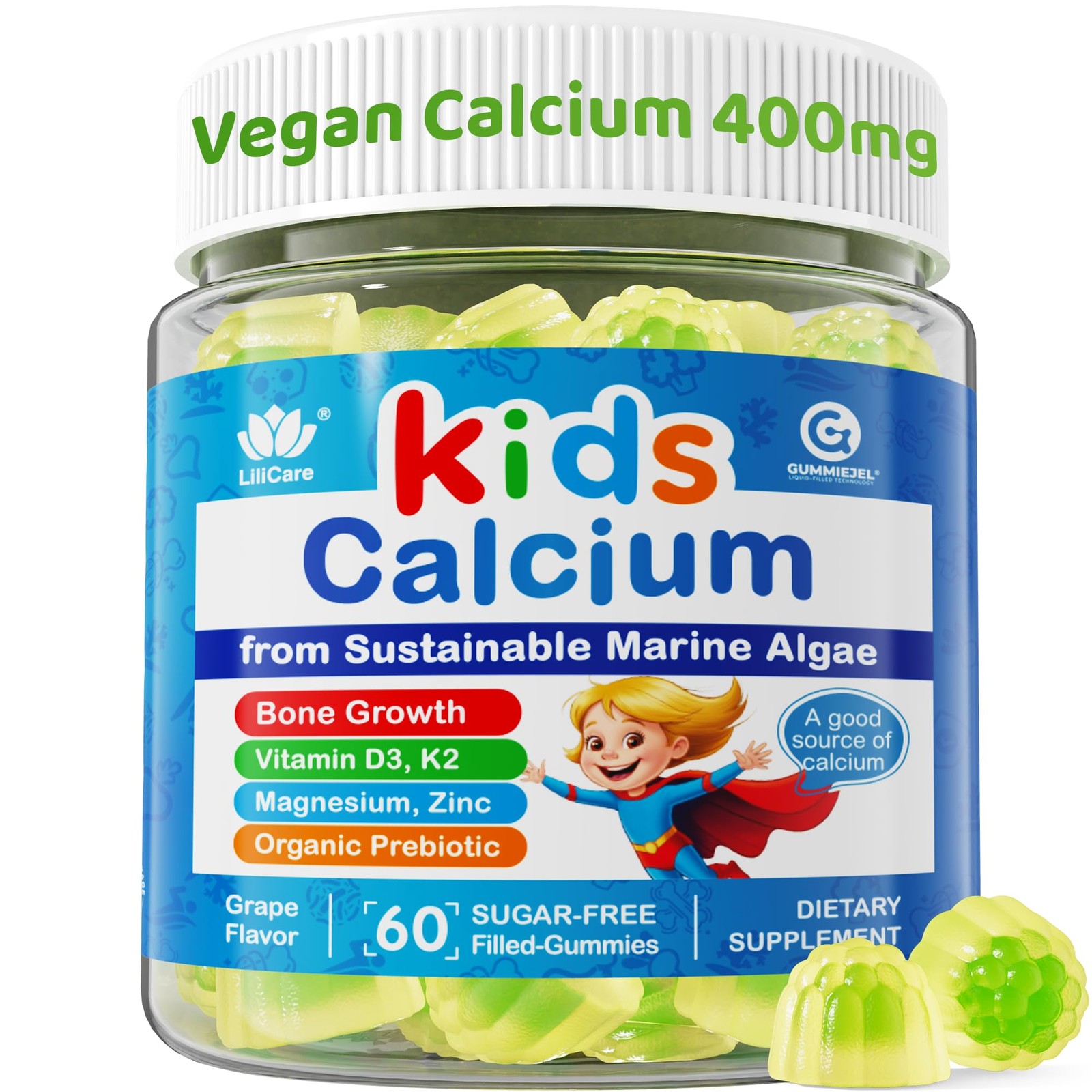 Kids Calcium Gummies + Vitamin D3 K2, Magnesium, Zinc, Extra Absorption Algae Ca