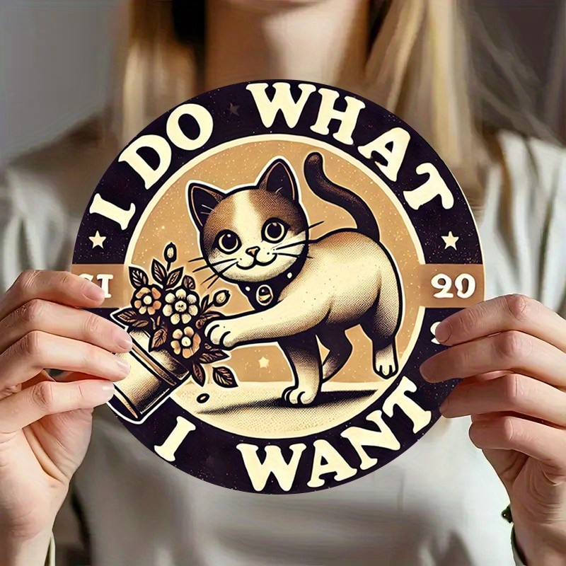 Confident Cat and Floral Design Round Metal Sign for Living Room Decor