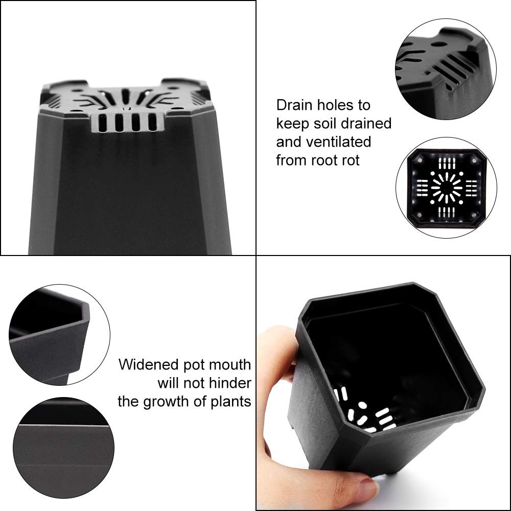 foxany 3″ Nursery Pot, 30 Pcs Thick Plastic Plants Pots, Square Flower Black