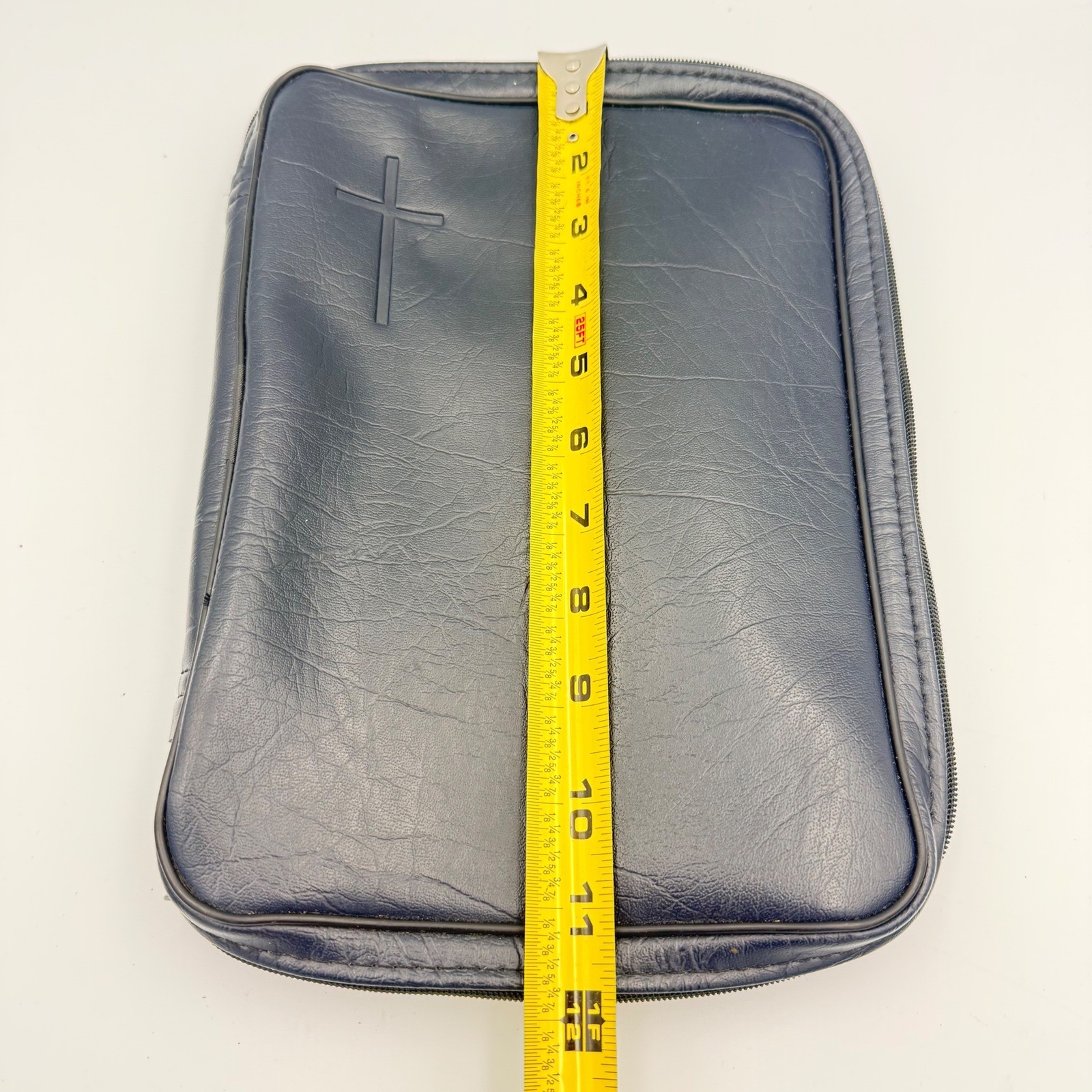 Bible Cover Navy Blue Leather Embossed Cross Zip Around Case 11×8 Large
