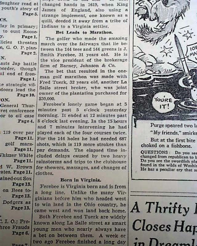 KING OF CLUBS The Great Golf Marathon of J. Smith Ferebee 1938 Chicago Newspaper