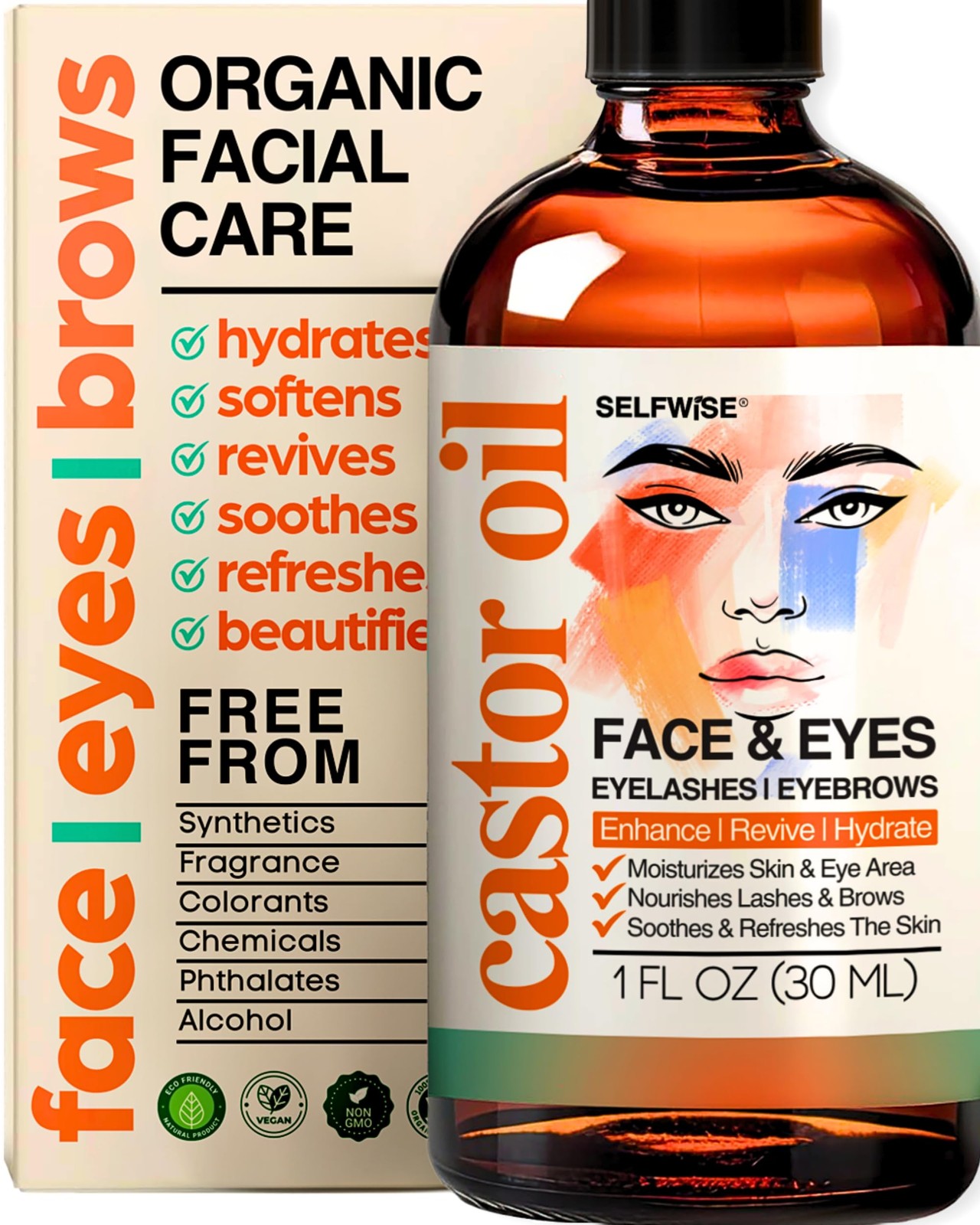 SELFWISE Organic Castor Oil For Face Moisturizer, Eyes, 1 Fl Oz (Pack of 1)