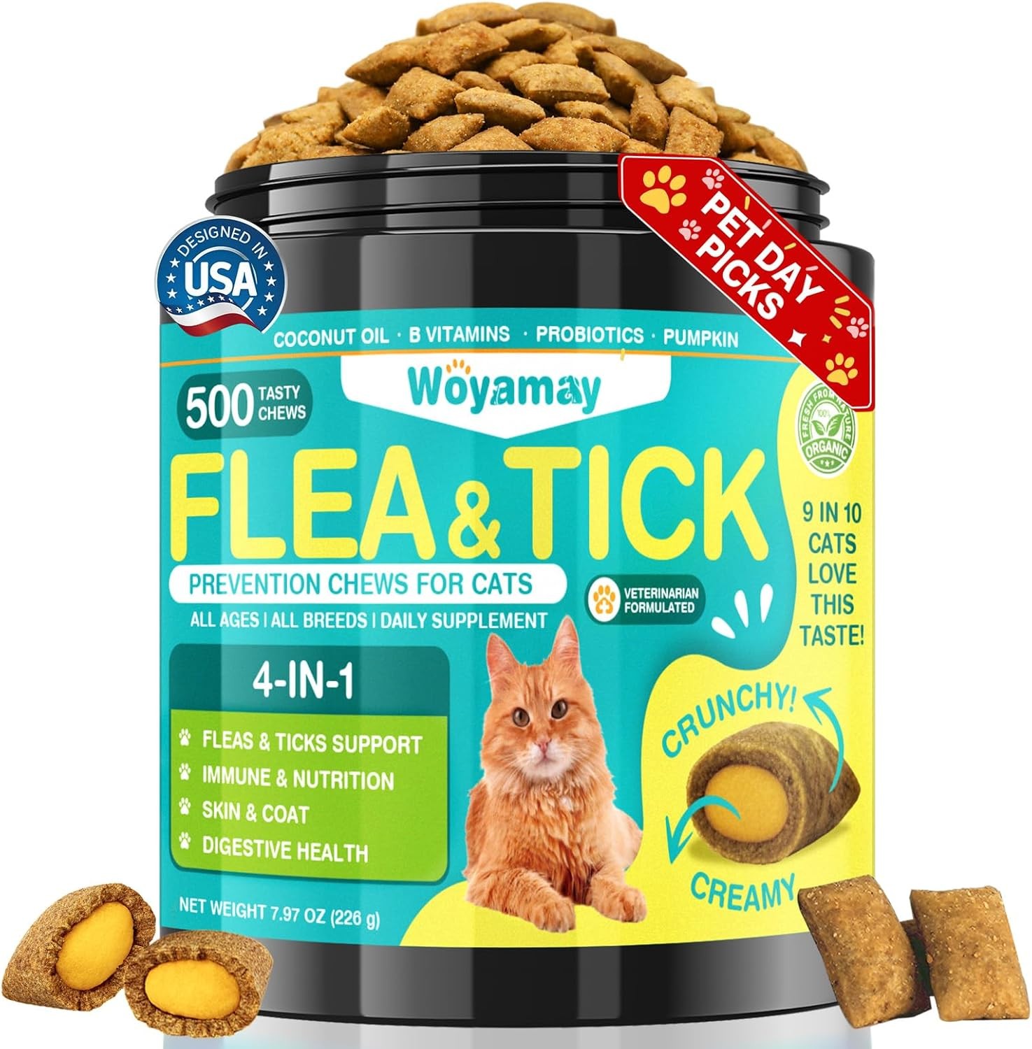 4-IN-1 Flea and Tick Prevention for Cats, 500 Crunchy & Creamy Chews, brown USA