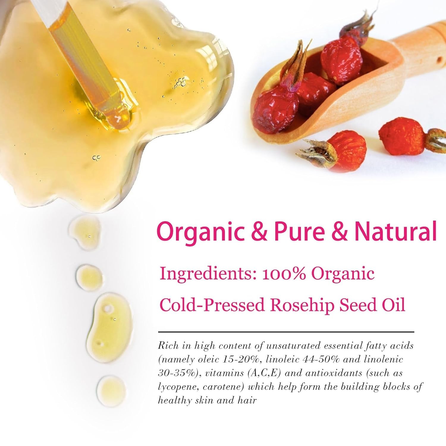 Organic Rosehip Seed Oil for Face, USDA Certified, Cold 1 Fl Oz (Pack of 1)