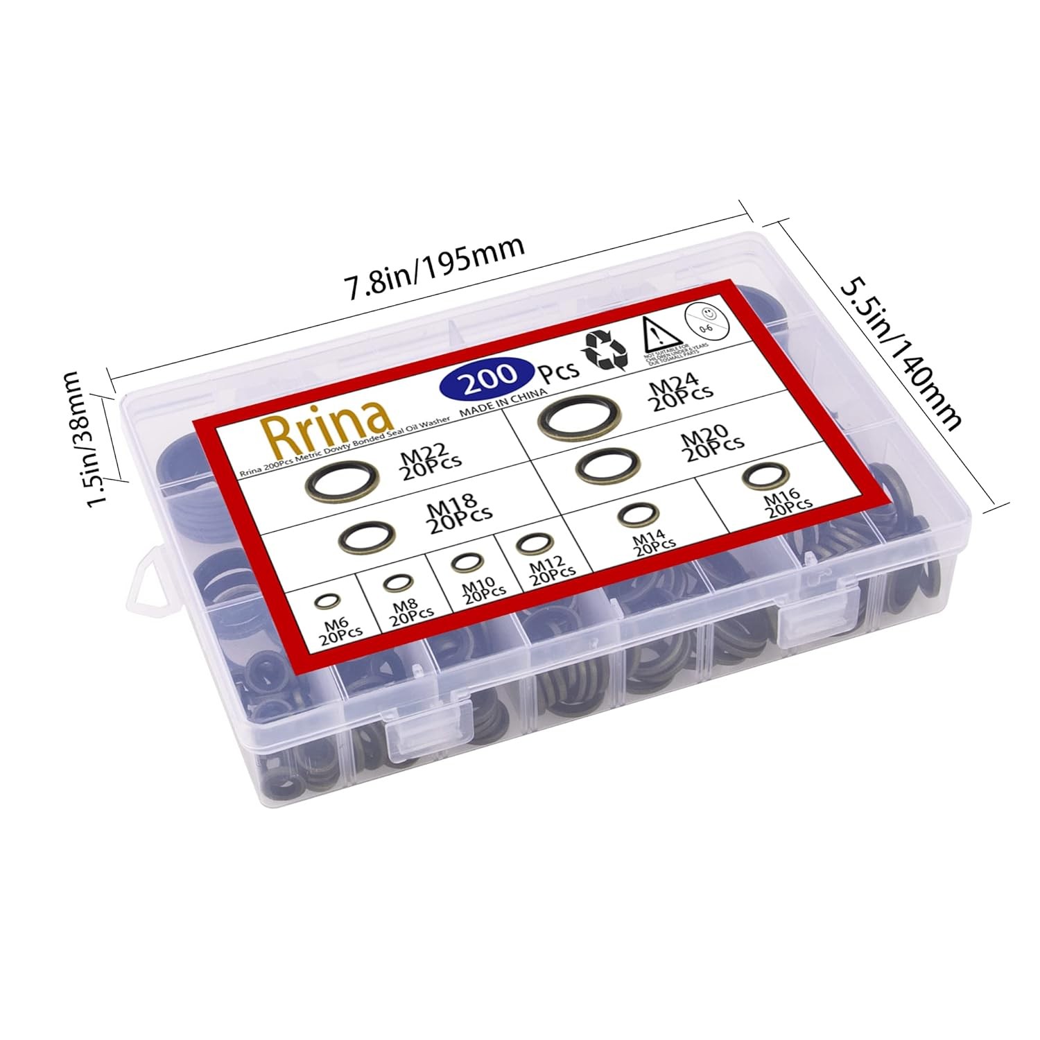 200Pcs Metric Dowty Bonded Seal Oil Washer Assortment Kit, 10 Sizes M6 to M24