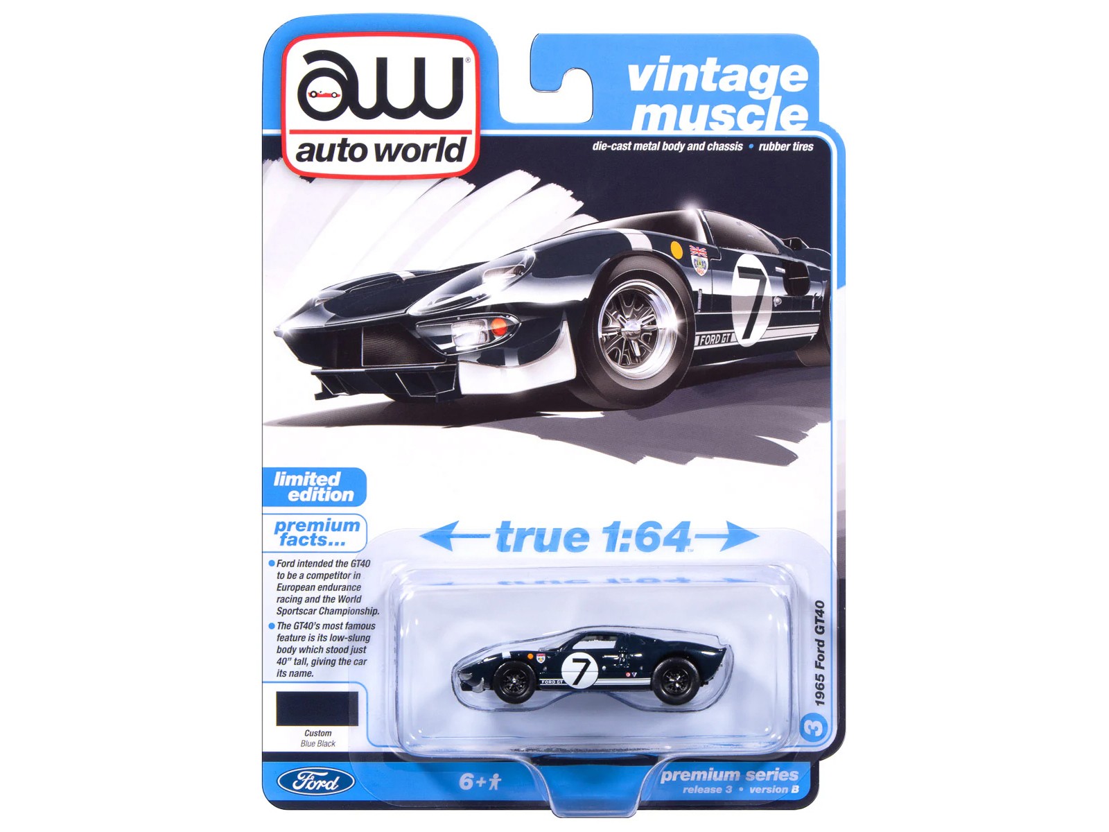 1965 Ford GT40 #7 Blue Black with White Stripes “Vintage Muscle” Series 1/64