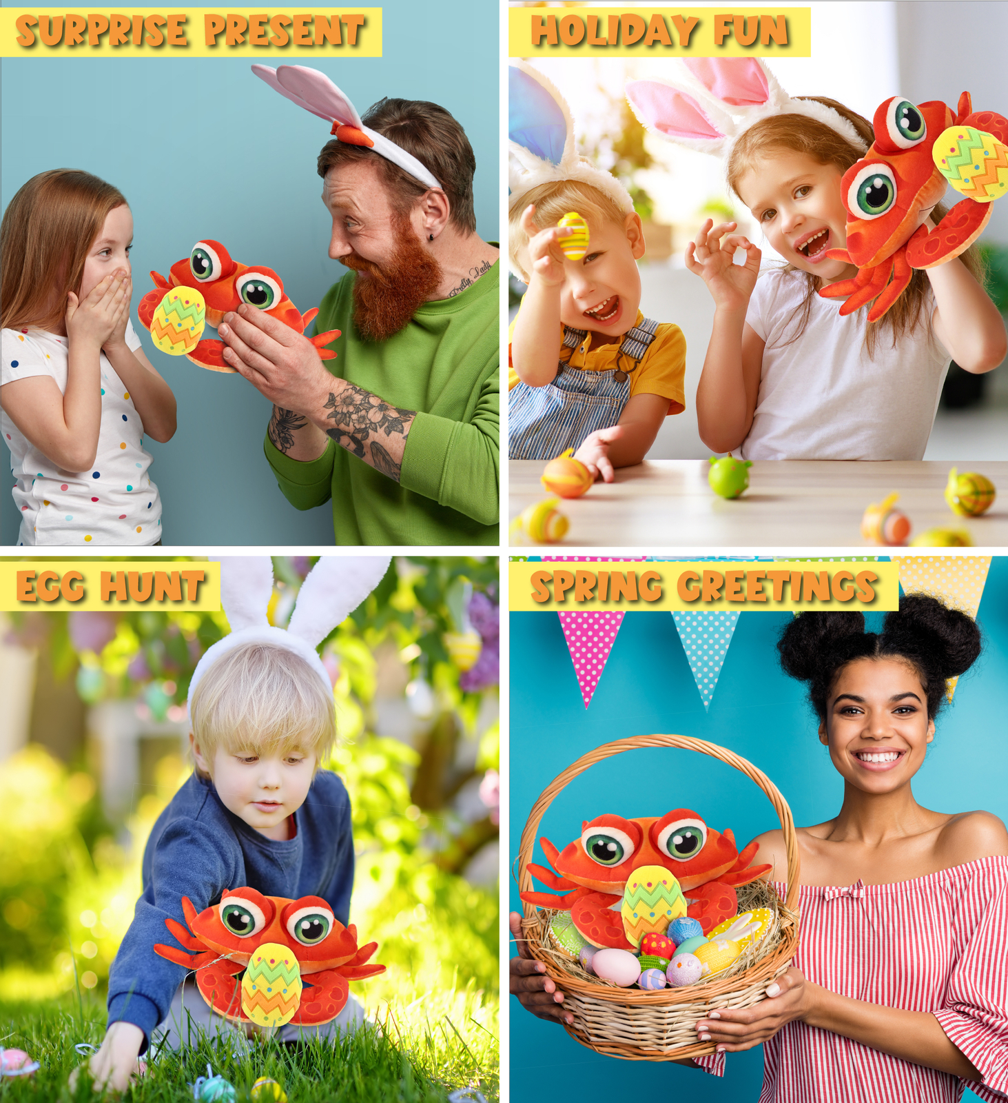 DolliBu Plush Buddies Red Crab with Yellow Easter Egg Plush Toy – 10 Inches