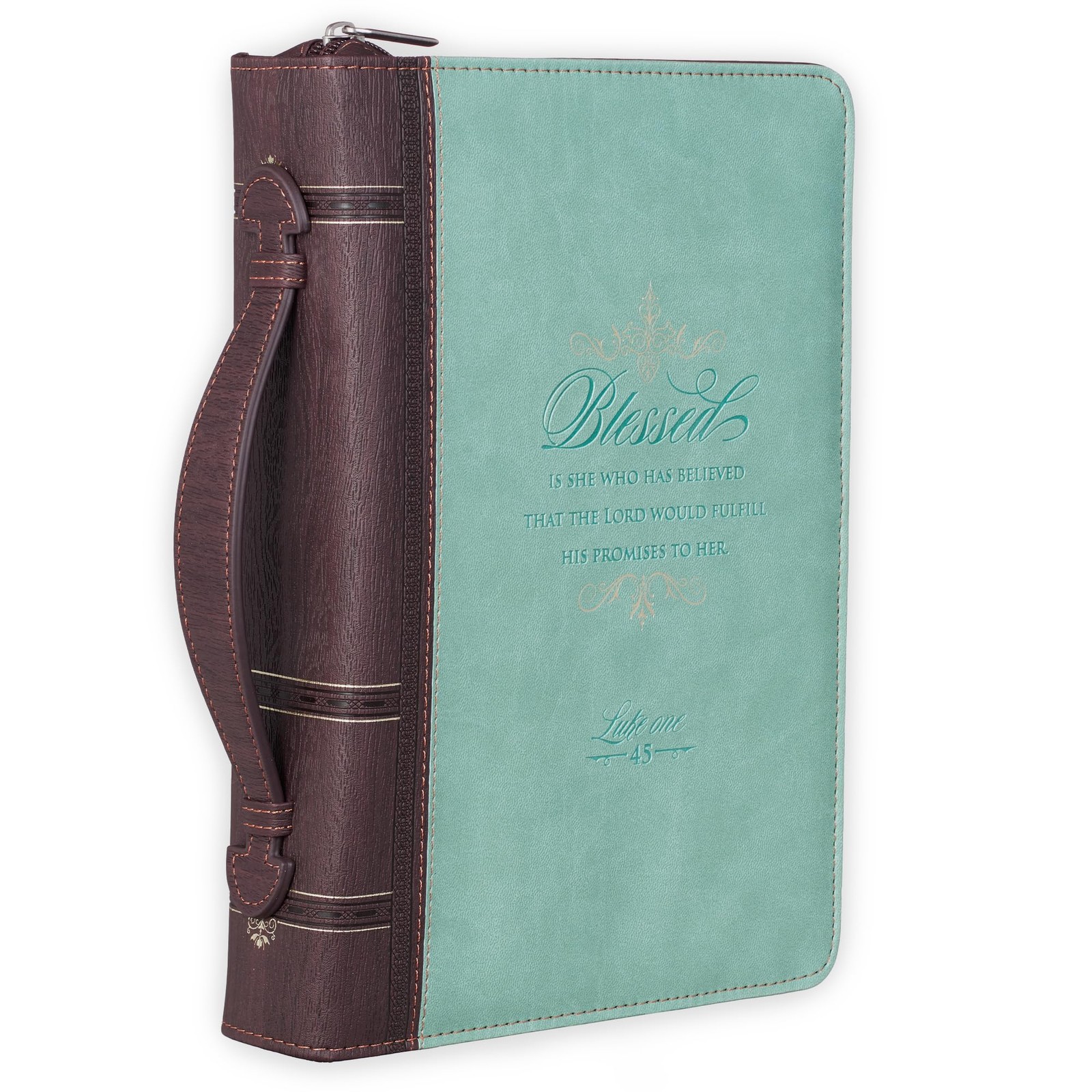 Women’s Fashion Bible Cover Blessed is She Luke 1:45, Light Blue/Gold/Brown F…