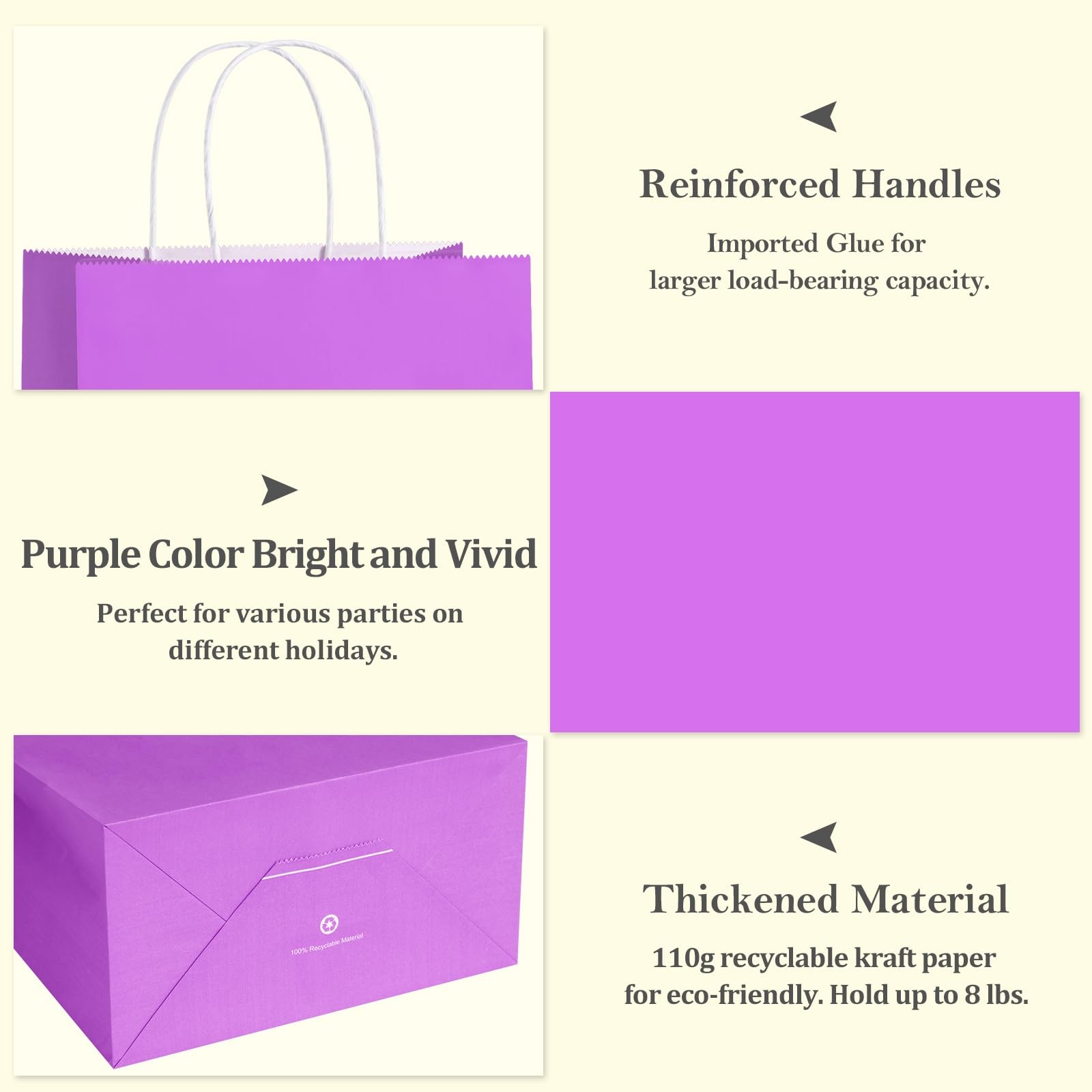 BagDream 8×4.25×10.5 Inch 100Pcs Purple Gift Bags Medium, Kraft Paper Bags with