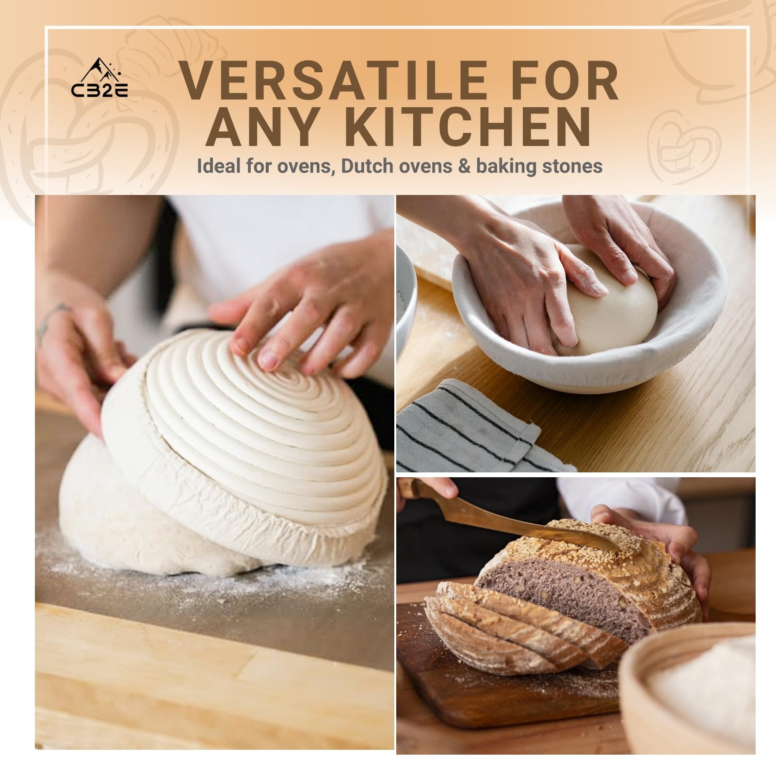 CB2E Bread Proofing Basket Set – 10 Inch Round Rattan Banneton with 10 inches
