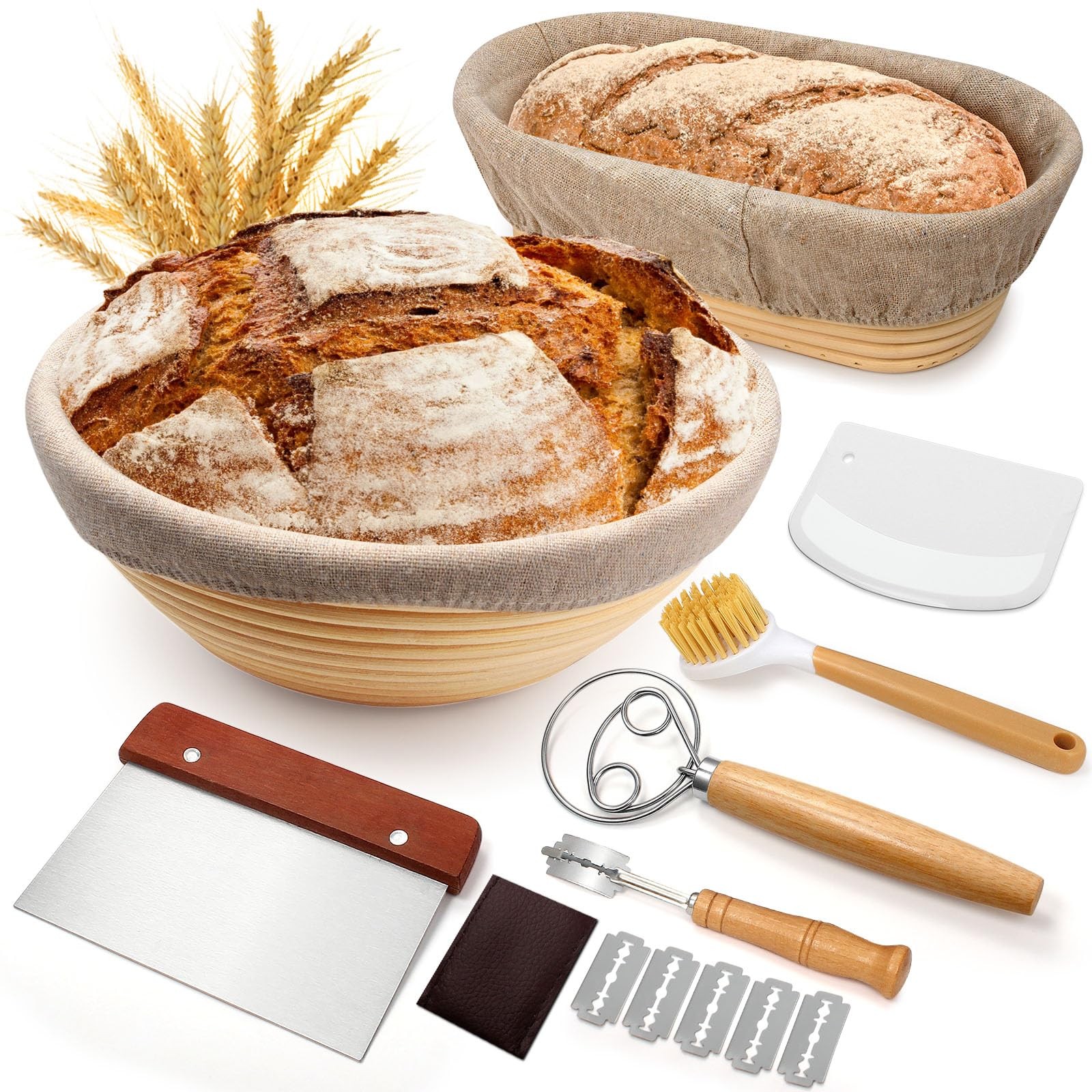 Sourdough Proofing Basket Gift Set, 9″ Round and 10″ Oval Banneton Bread…
