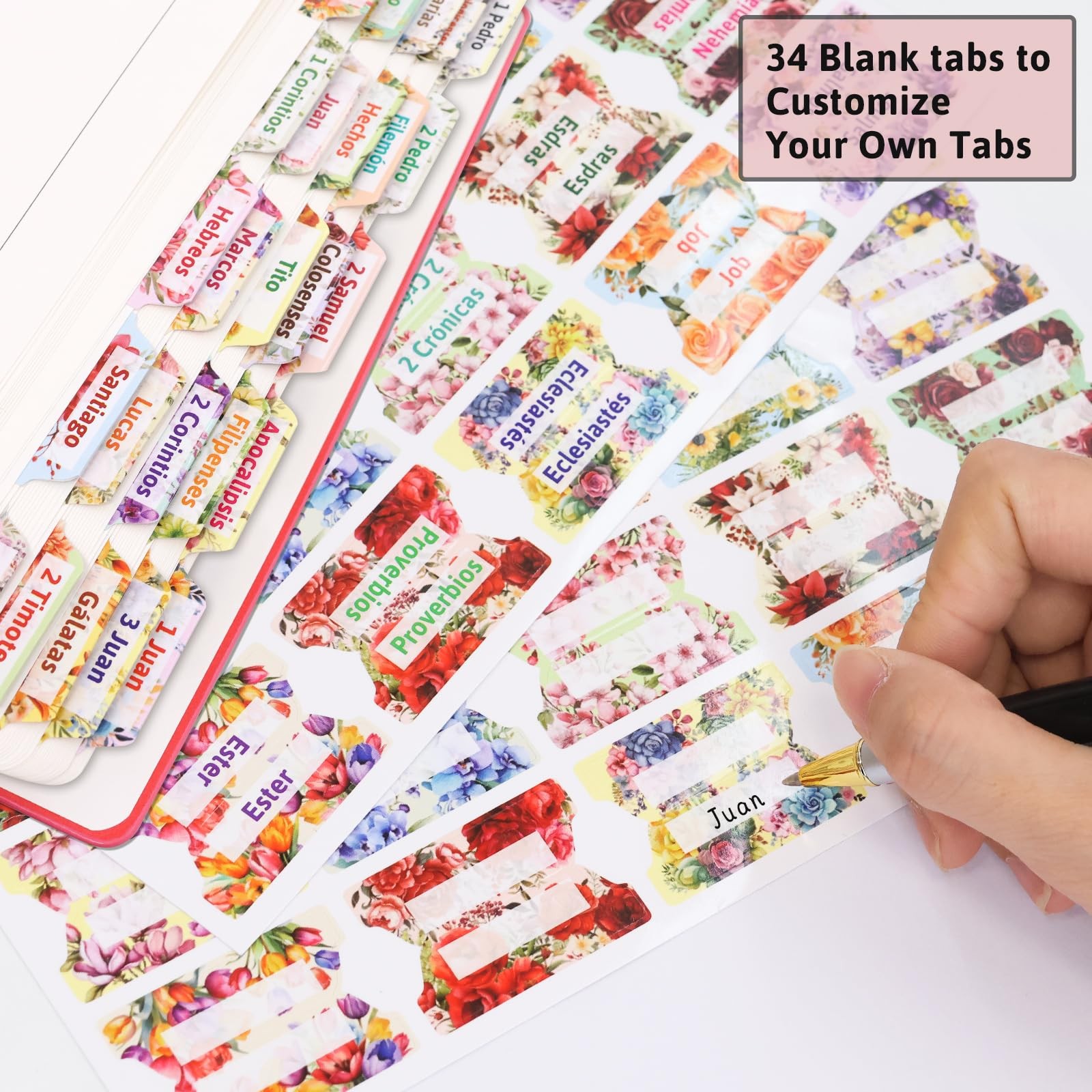 100Pcs Spanish Bible Tabs Floral Design Laminated New and Old Testament Index…