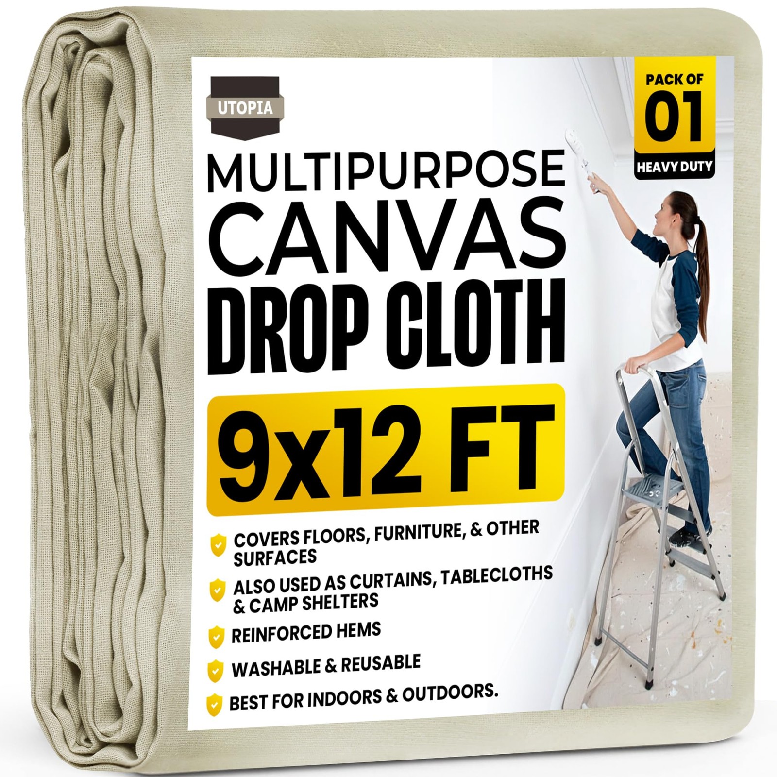 Utopia Drop Cloth for Painting (9×12 ft, 1 9×12 Feet, 9ft x 12ft Pack of 1