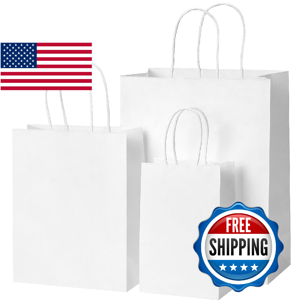 OUTUXED 100pcs White Paper Bags with Handles Bulk 3 Assorted Sizes Kraft Gift Wr