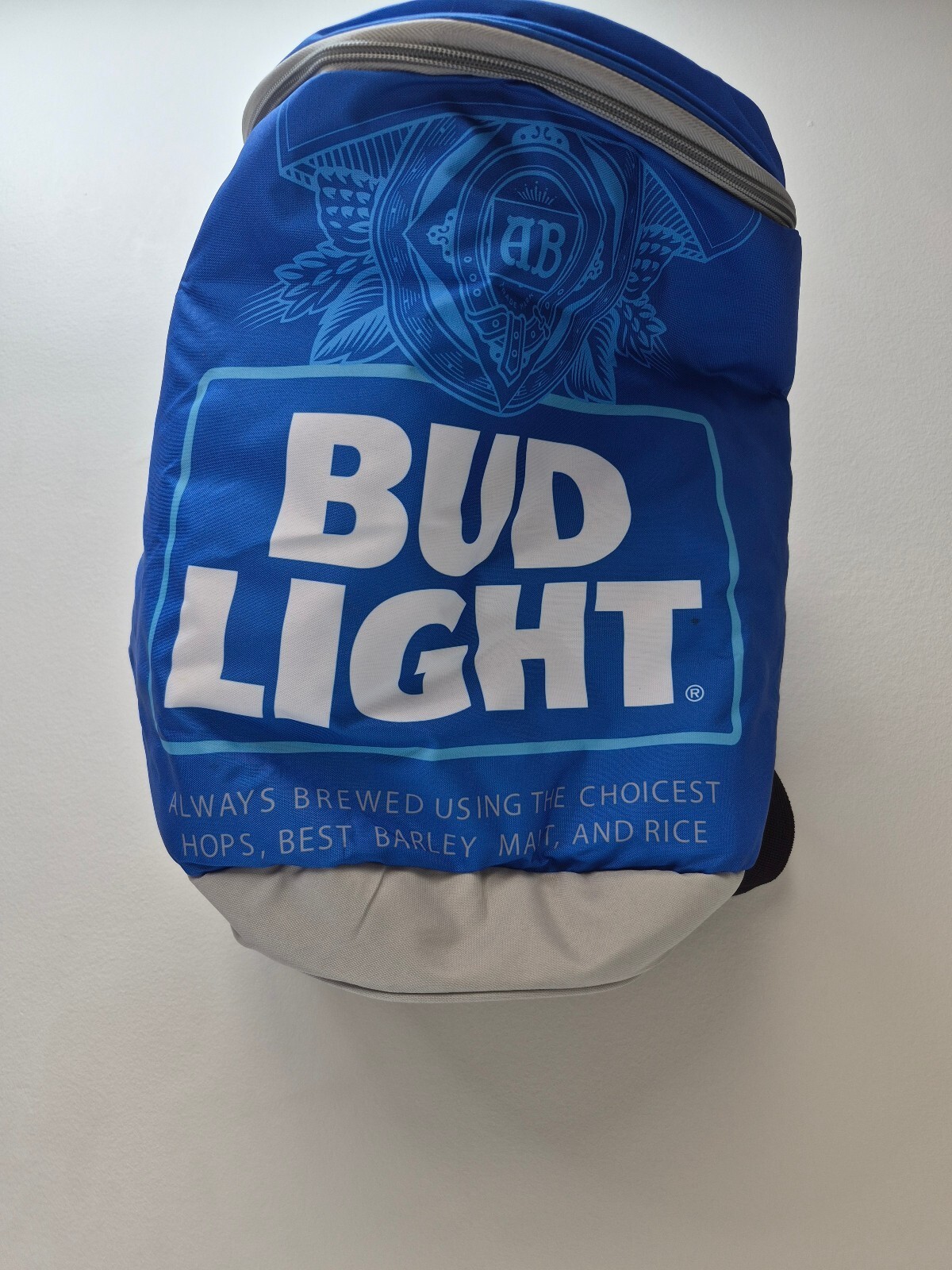 Bud Light Branded Blue and Gray Backpack Cooler with Built-in Speaker B427