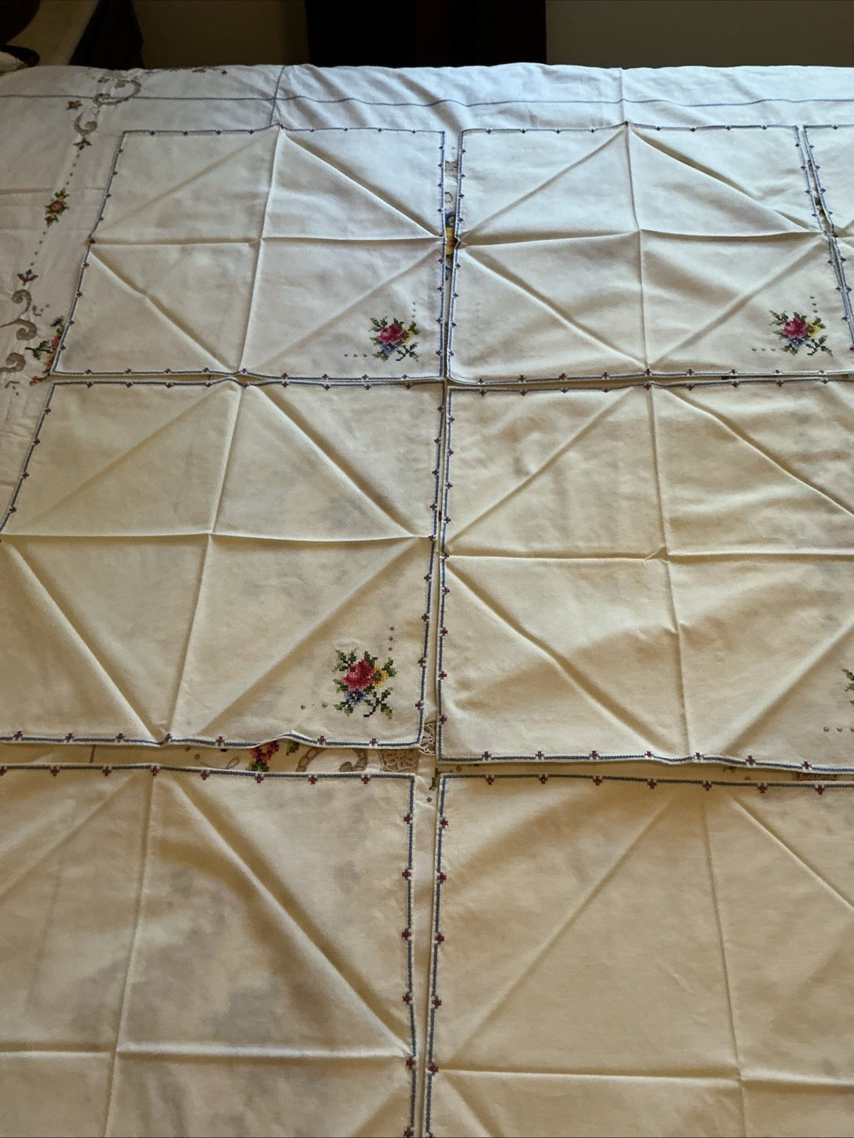 Handmade Cross Stitched Rectangular Tablecloth 102×67” With 12 Napkins Huge