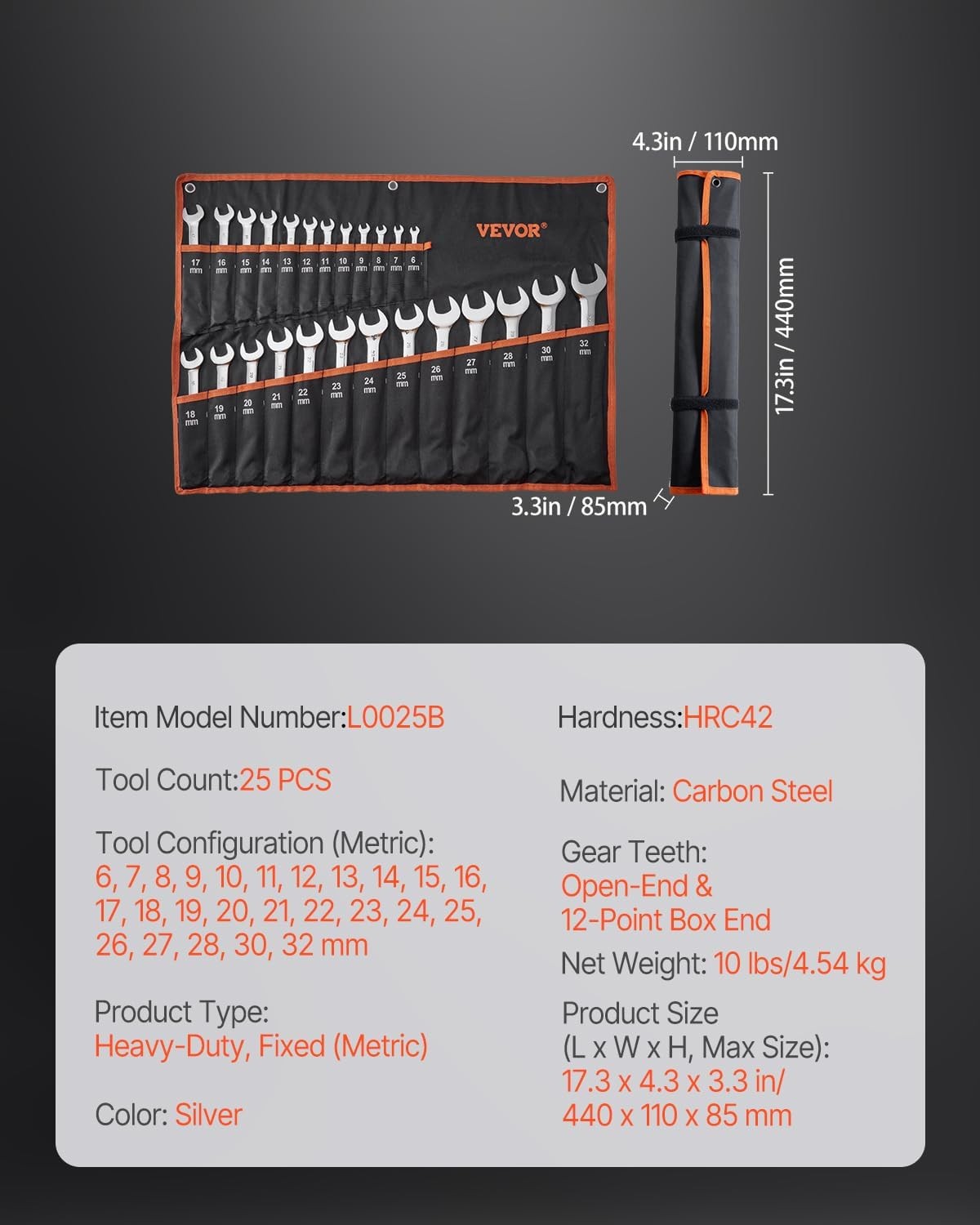 VEVOR 25-Piece Metric Combination Wrench Set, 6-32mm, Open End, Carbon Steel,