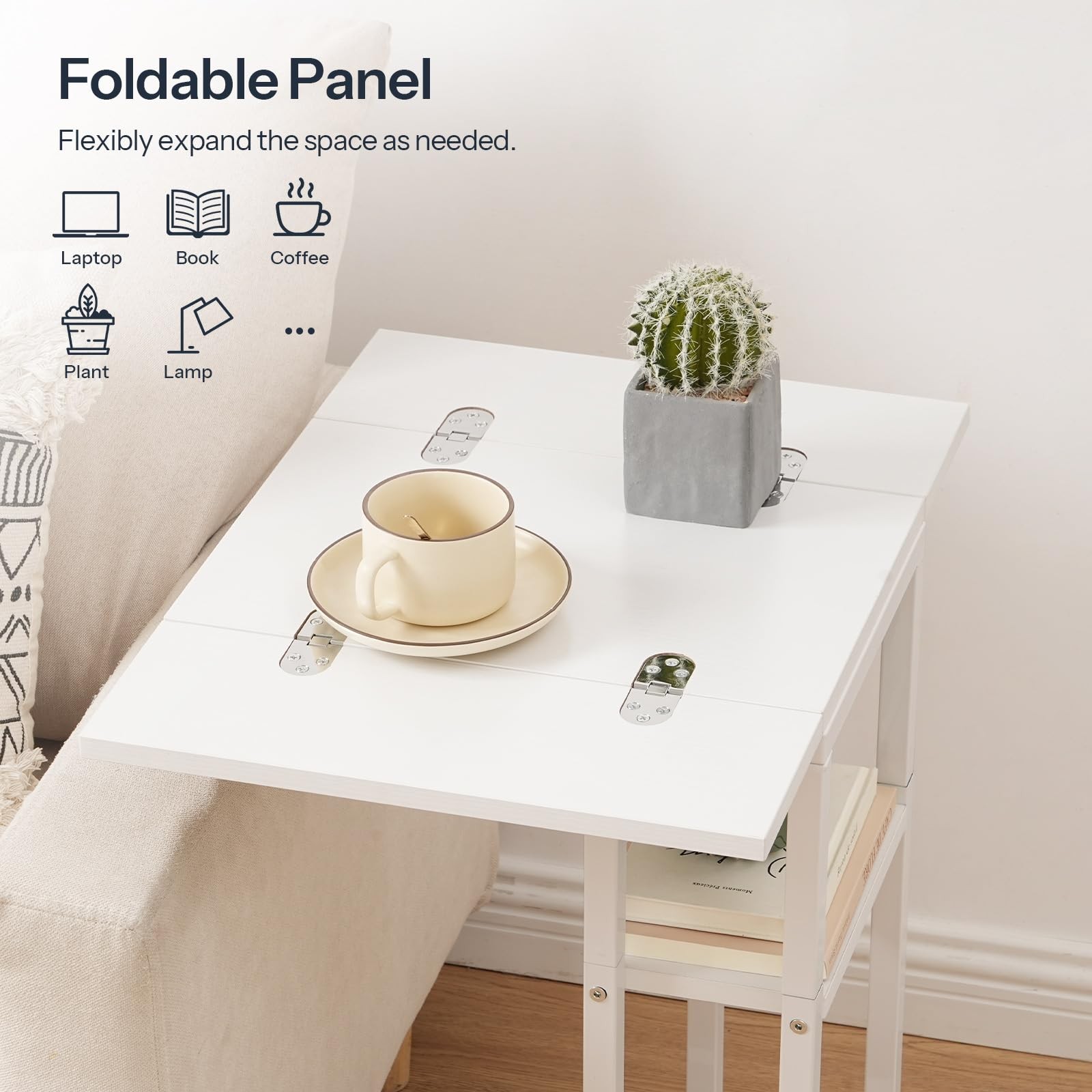 HOOBRO Foldable End Table, C Shaped Side Table with Storage Shelf, Small Snack T