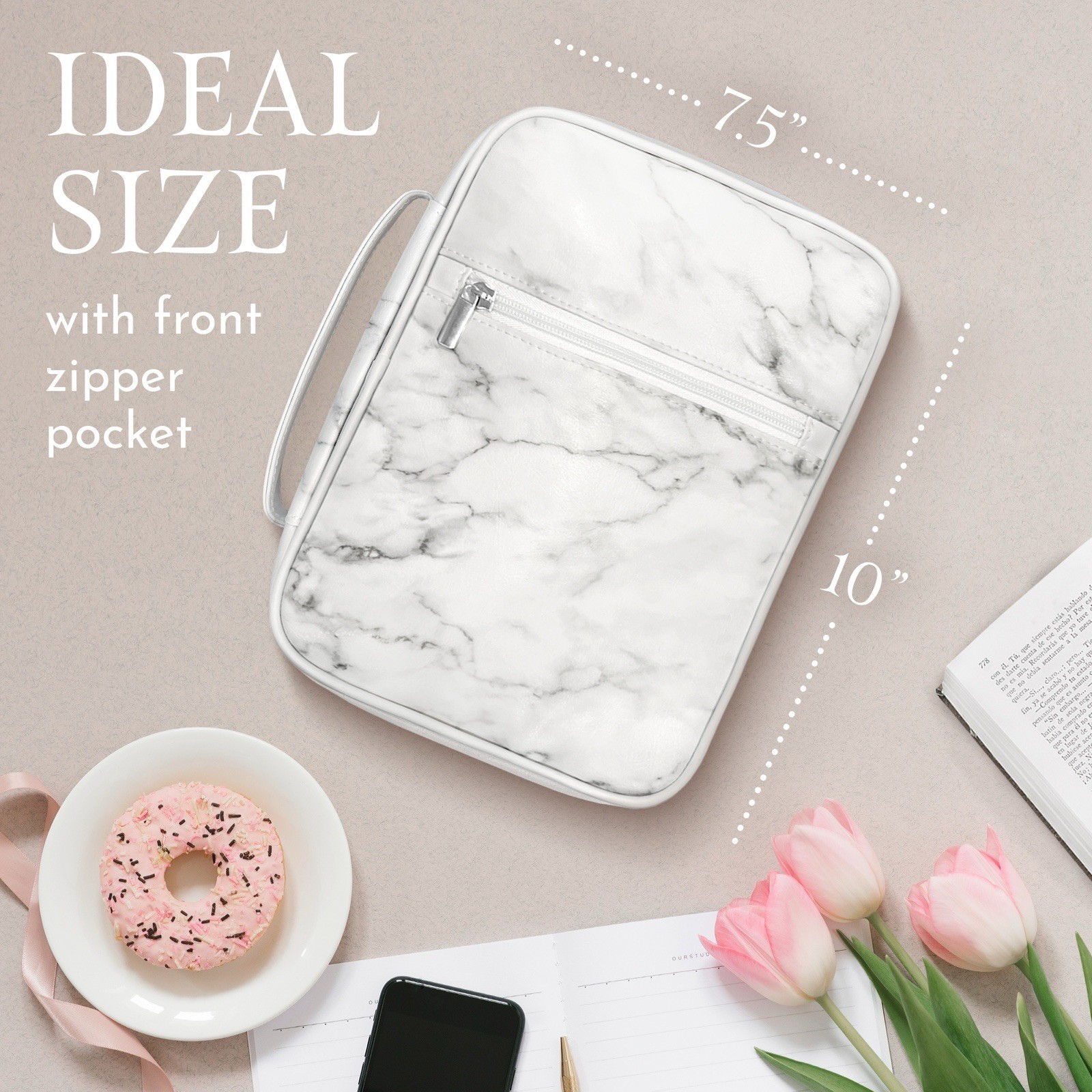 White Marble Bible Case, PU Leather Cover 7.5X10X2.5 Inches for Women with Stora