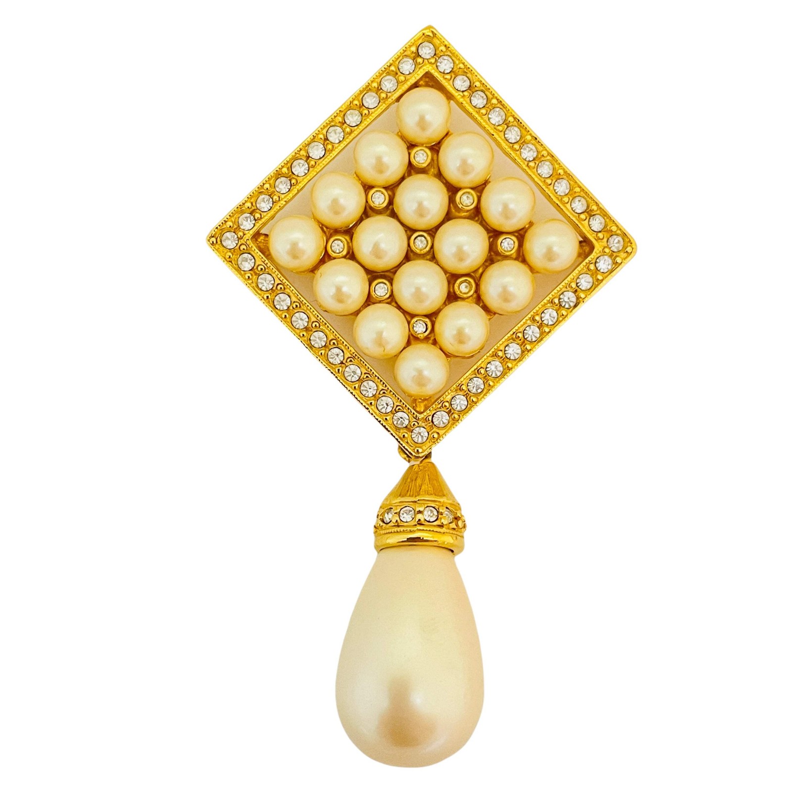 Vintage JOAN RIVERS gold rhinestone dangle pearl designer runway brooch necklace