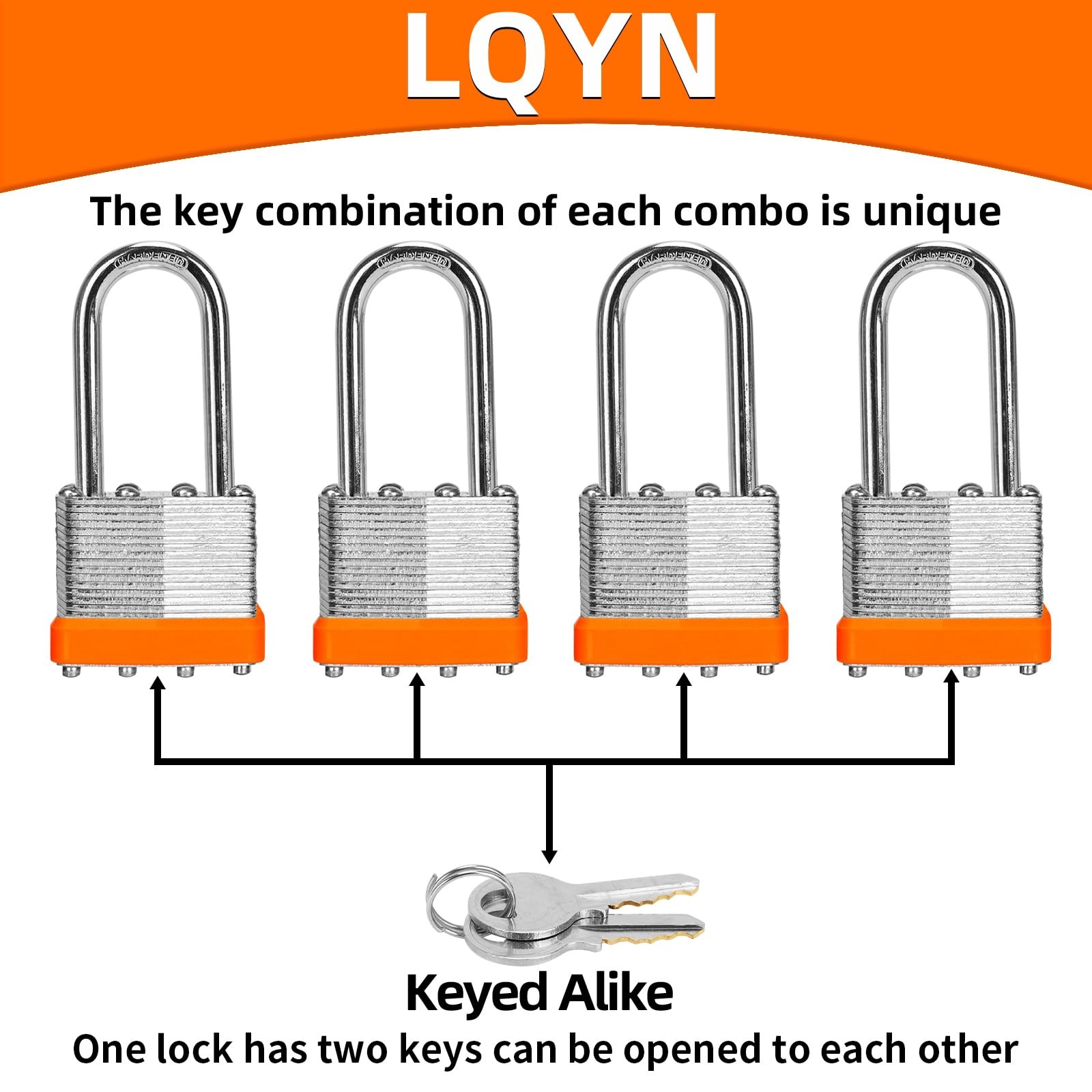 LQYN 12 Pack Laminated Padlocks, Same Key, 40mm, Long Shackle Storage Lock