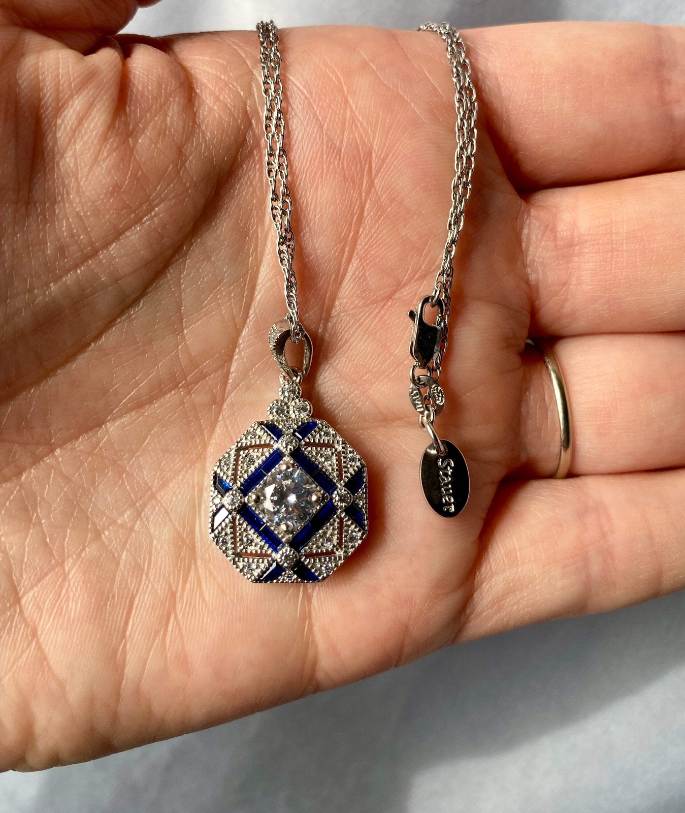 Modern Art Deco Antique-Style Created Blue Spinel & Synthetic DiamondAura Neckla