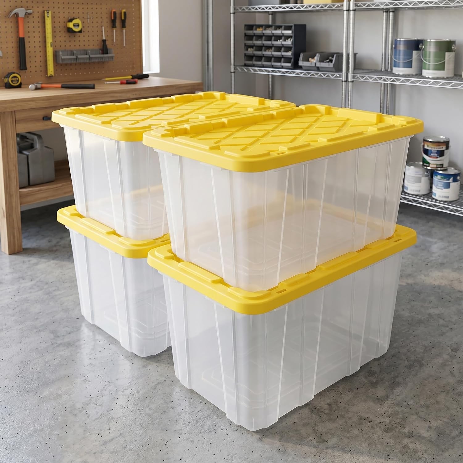 Large Industrial Storage Bins with Lids, 27 Gallon Clear Plastic Tote for…