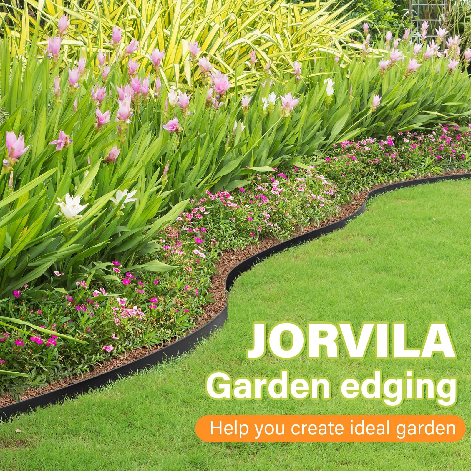 Jorvila Landscape Edging, 1.5″ x 60′ Plastic Garden Edging with 60 Pcs Metal Spi