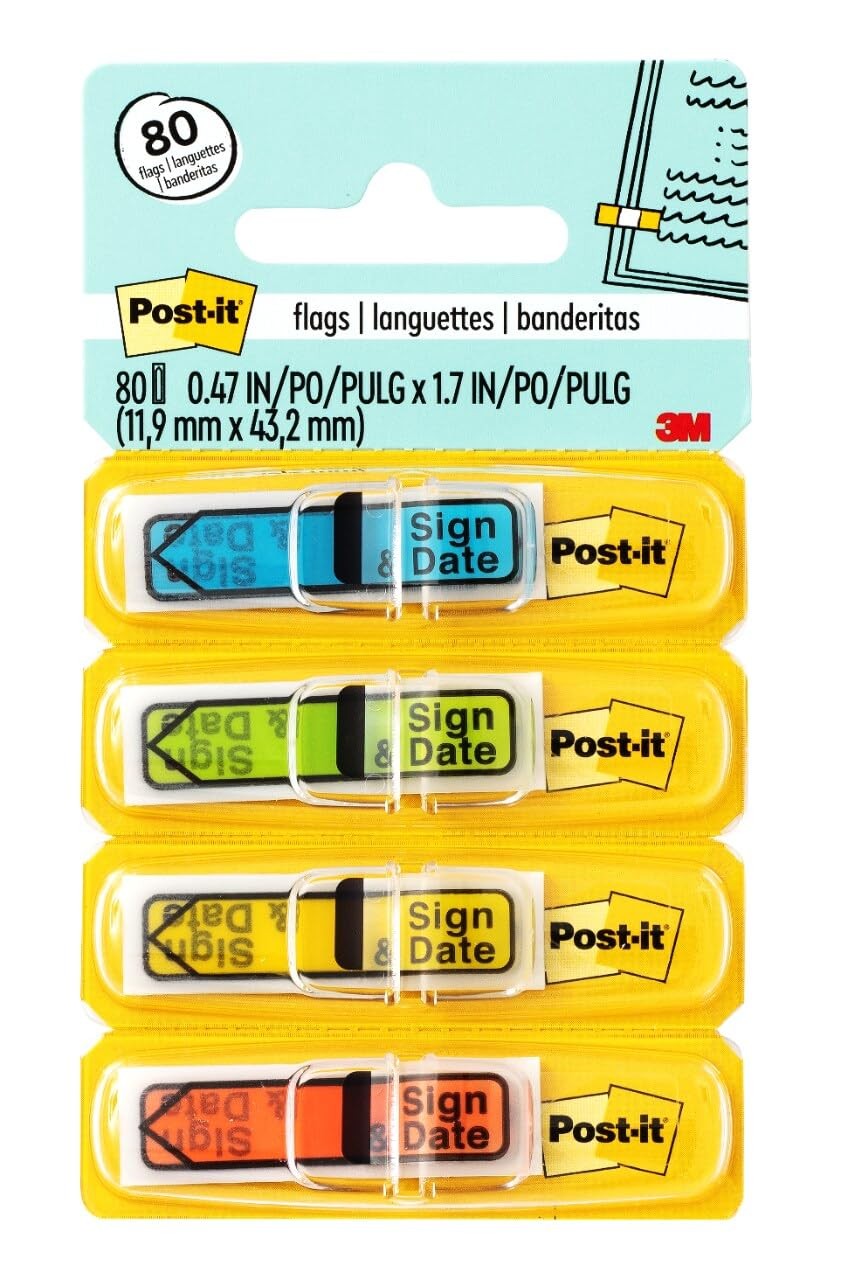 Post-it Message Flags, Sign and Date, 0.3″ x 2.8″, Primary Colors