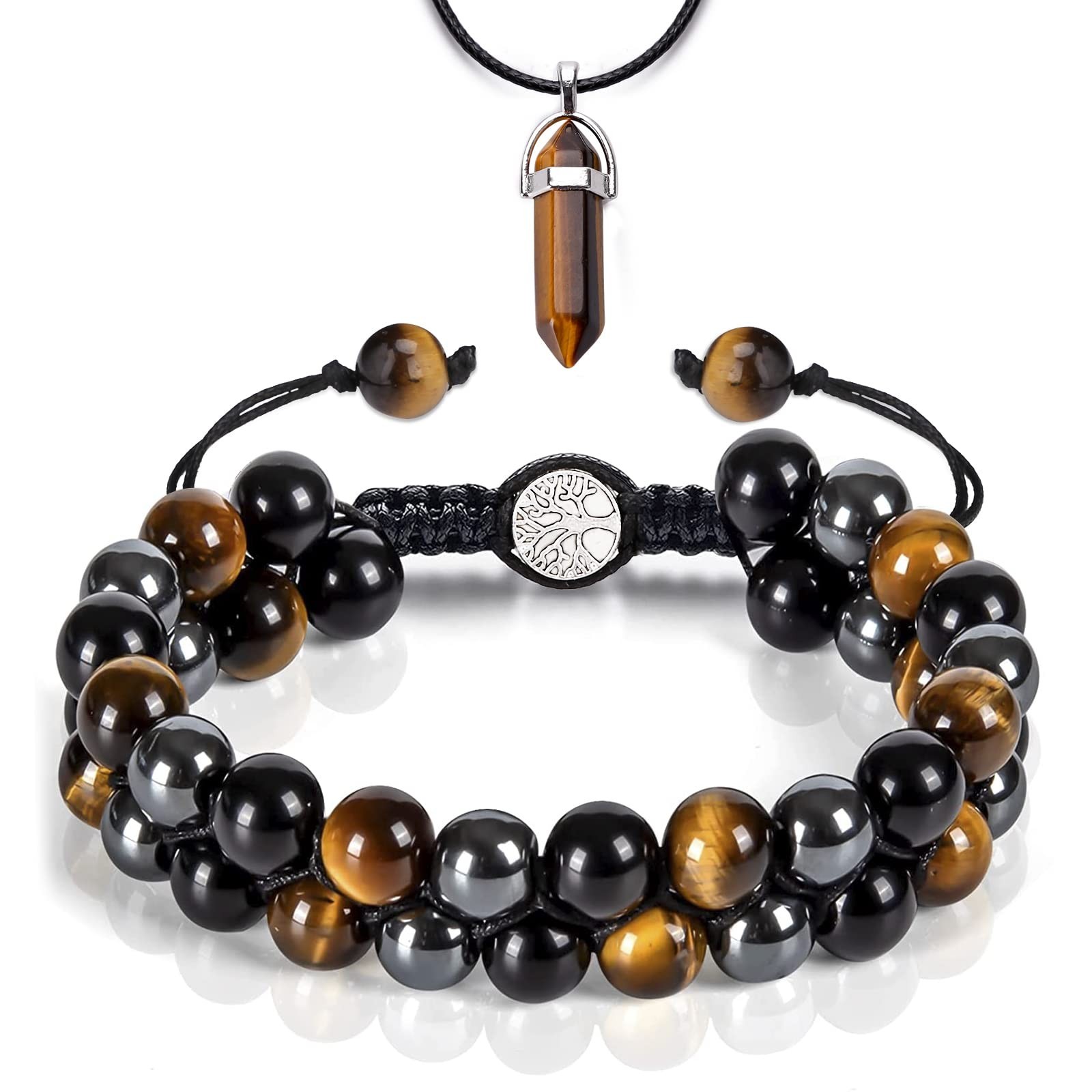 Handmade Triple Protection Bracelet 10mm Hematite Black Obsidian Tiger Eye St…