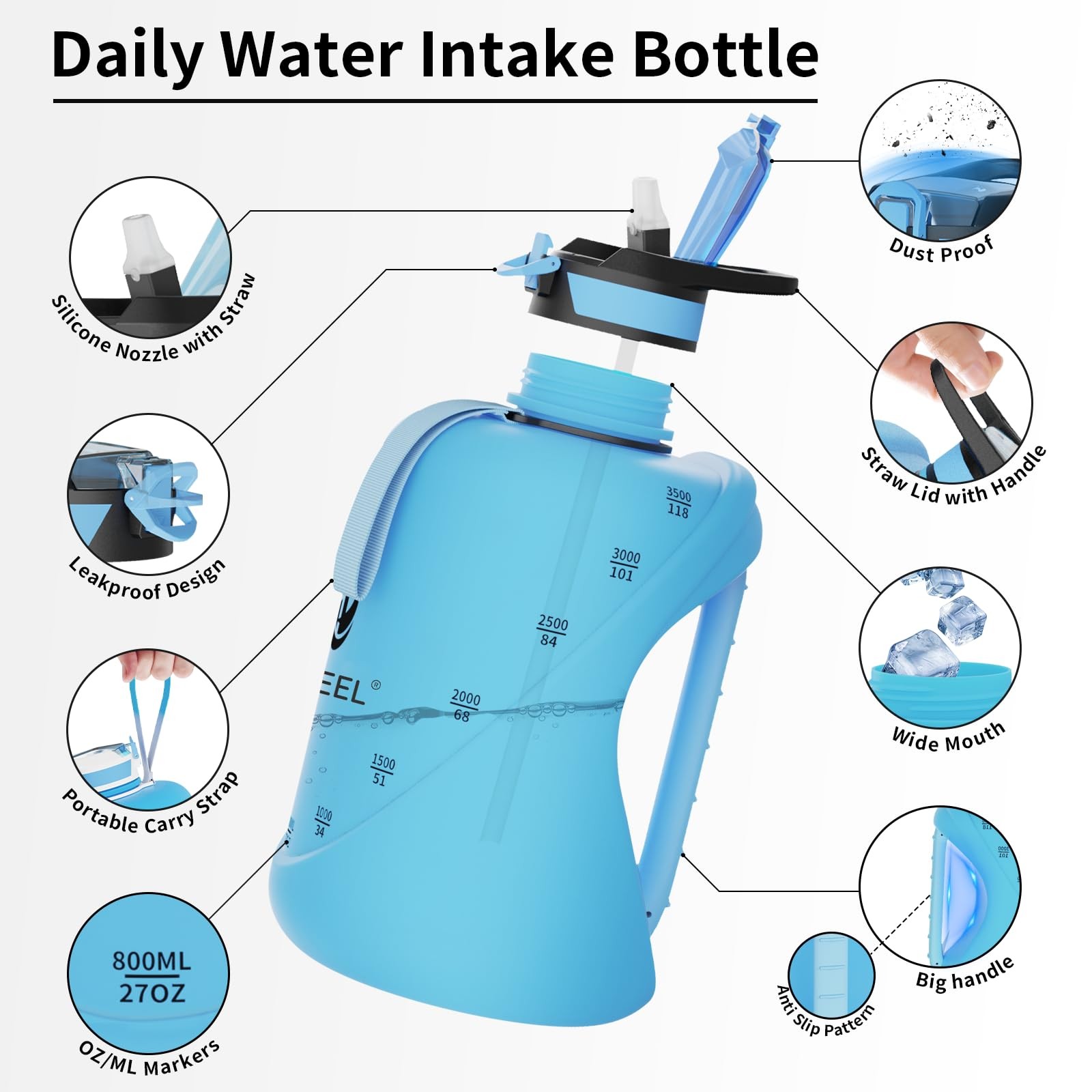 TOOFEEL 1 Gallon Water Bottle with Straw & Chug Lid,BPA Free,Leak-Proof, Dishwas