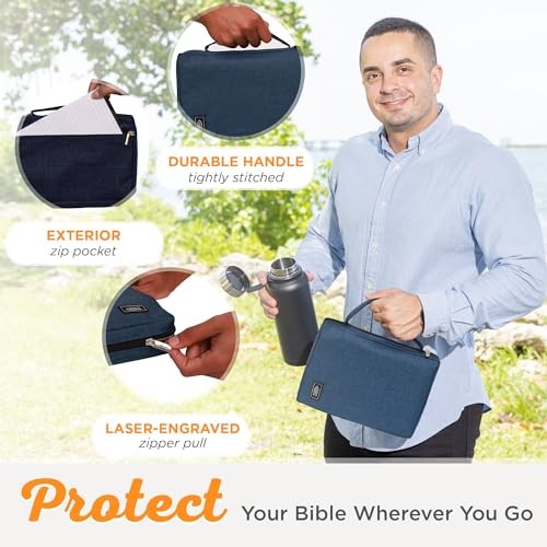 Durable Blue Bible Cover With Ichthus Fish Badge Zippered Closure Multiple Sizes