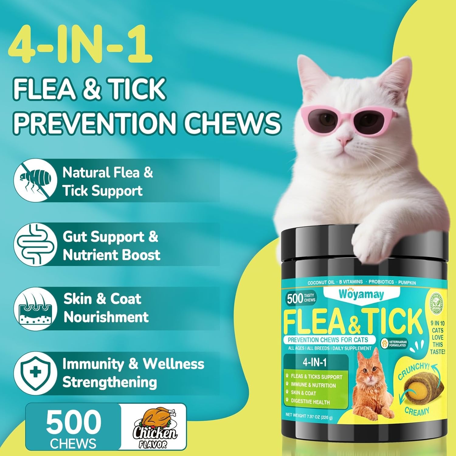 4-IN-1 Flea and Tick Prevention for Cats, 500 Crunchy & Creamy Chews, brown USA
