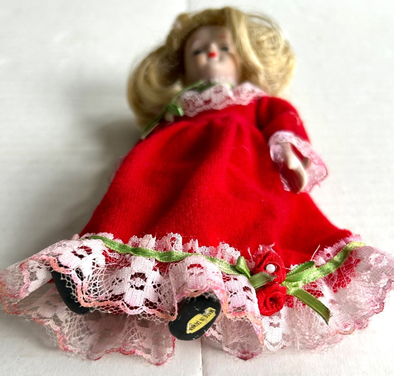 Miniature Christmas Porcelain Doll in Red and Plaid and White lace Fast Shipping