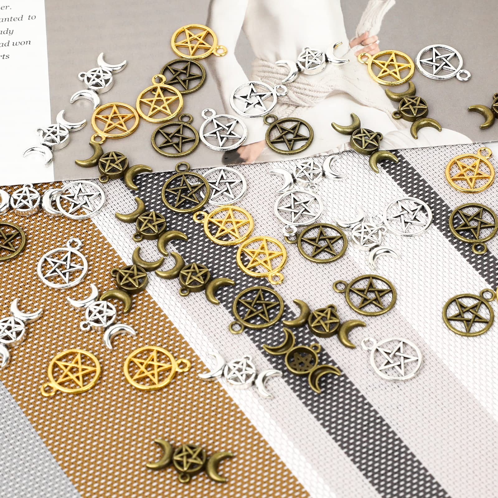 Sliverdew Alloy Pentagram Moon Charms 50PCS – Pentacle Star Pendant Lucky Wit…