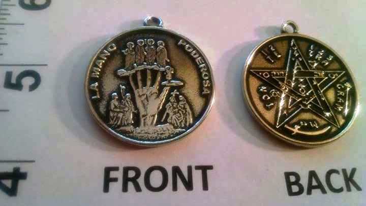 LA MANO PODEROSA ROUND PENDANT b/w TETRAGRAMMATON W/ FREE NECK CORD! holy hand