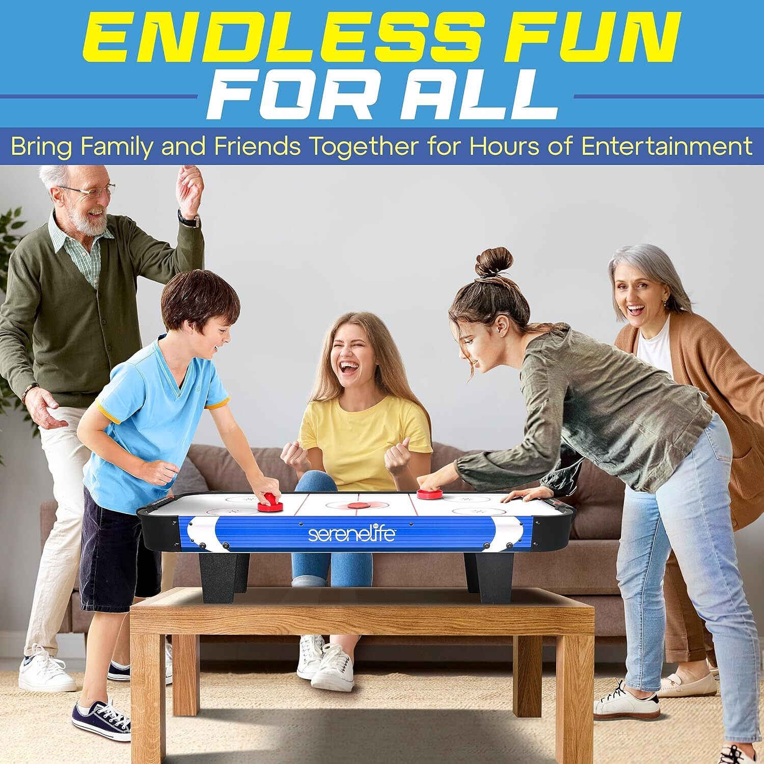 SereneLife 40″ Air Hockey Game Tabletop, w/Fastest Play Blue & Black