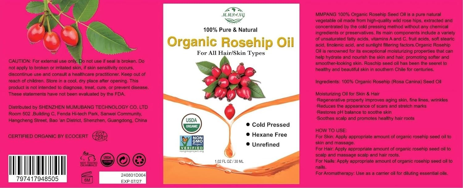 Organic Rosehip Seed Oil for Face, USDA Certified, Cold 1 Fl Oz (Pack of 1)