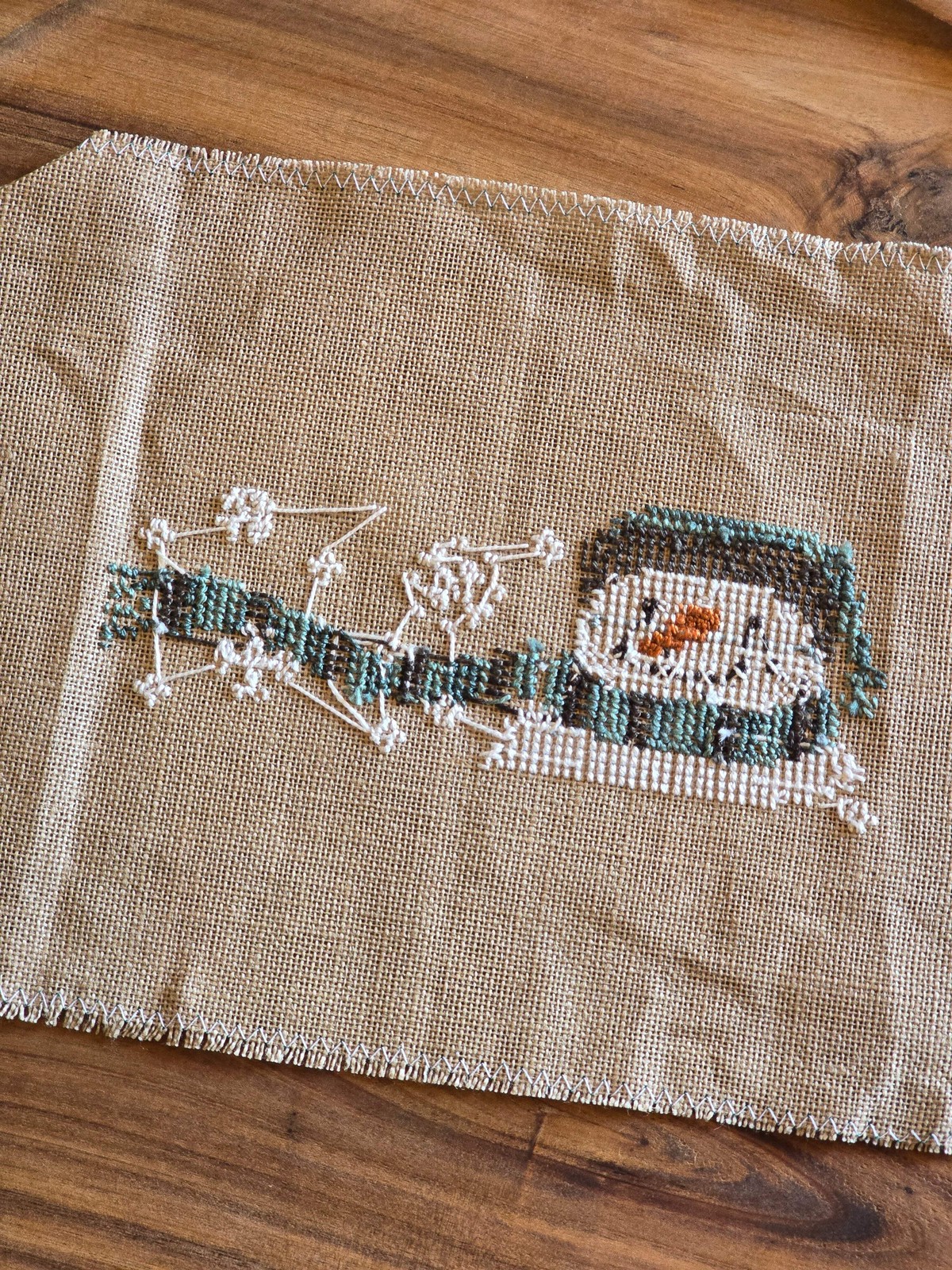Unknown Designer – Snowman with Blue Hat and Scarf – Completed Cross Stitch
