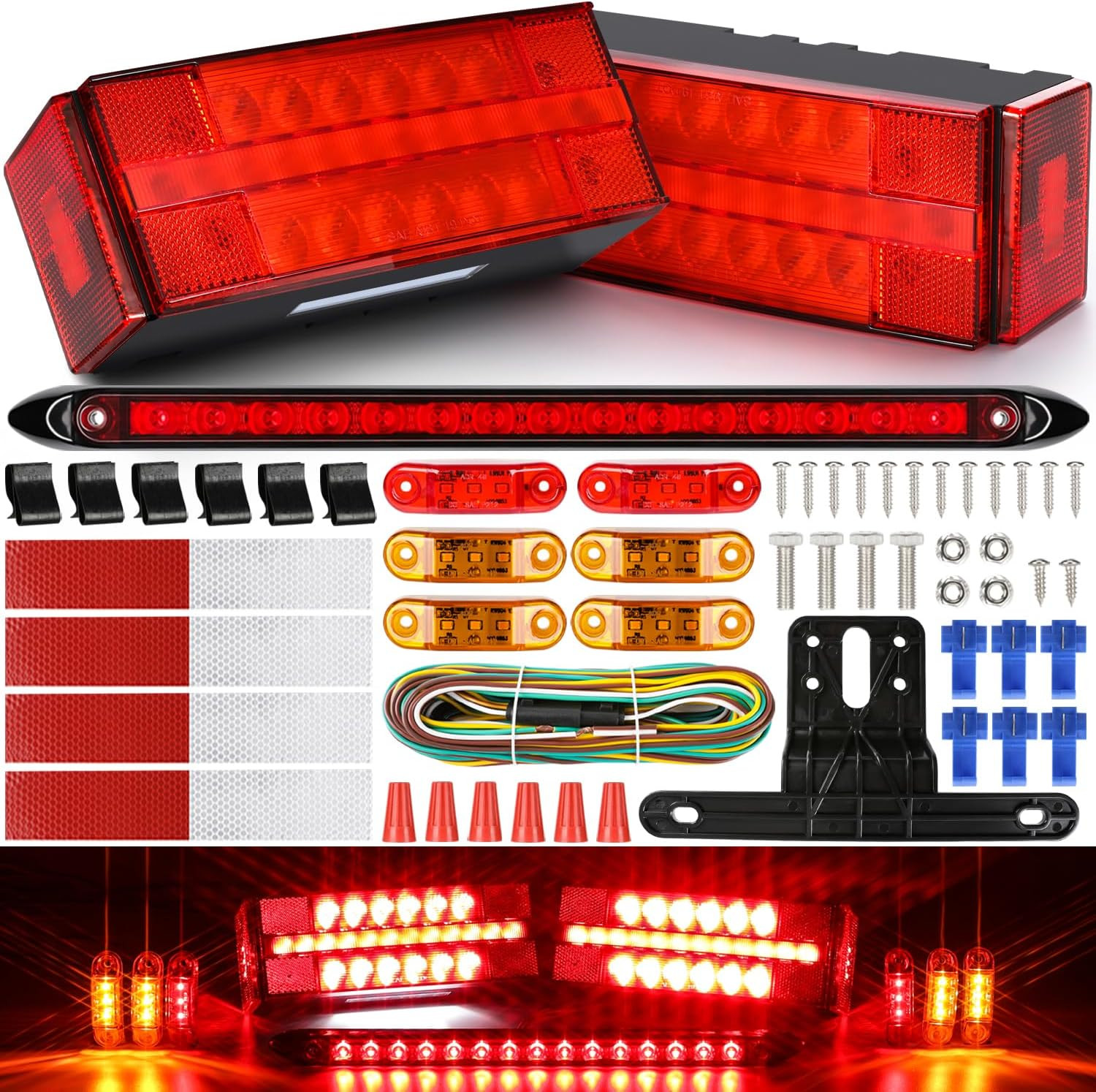 LED Submersible Rectangular Trailer Tail Light Kit, Super Bright Brake Stop Turn