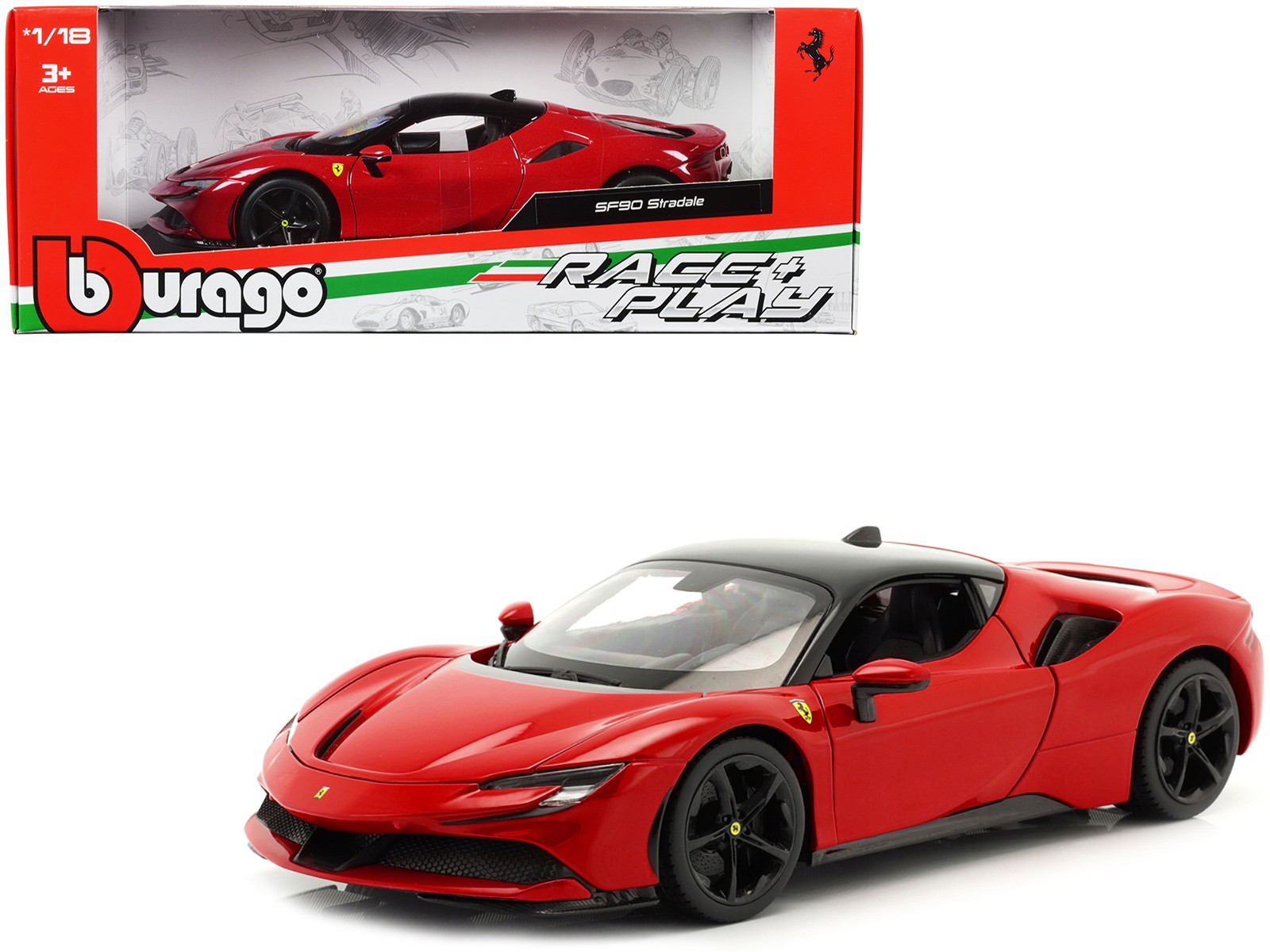 Ferrari SF90 Stradale Red with Black Top “Race + Play” Series 1/18