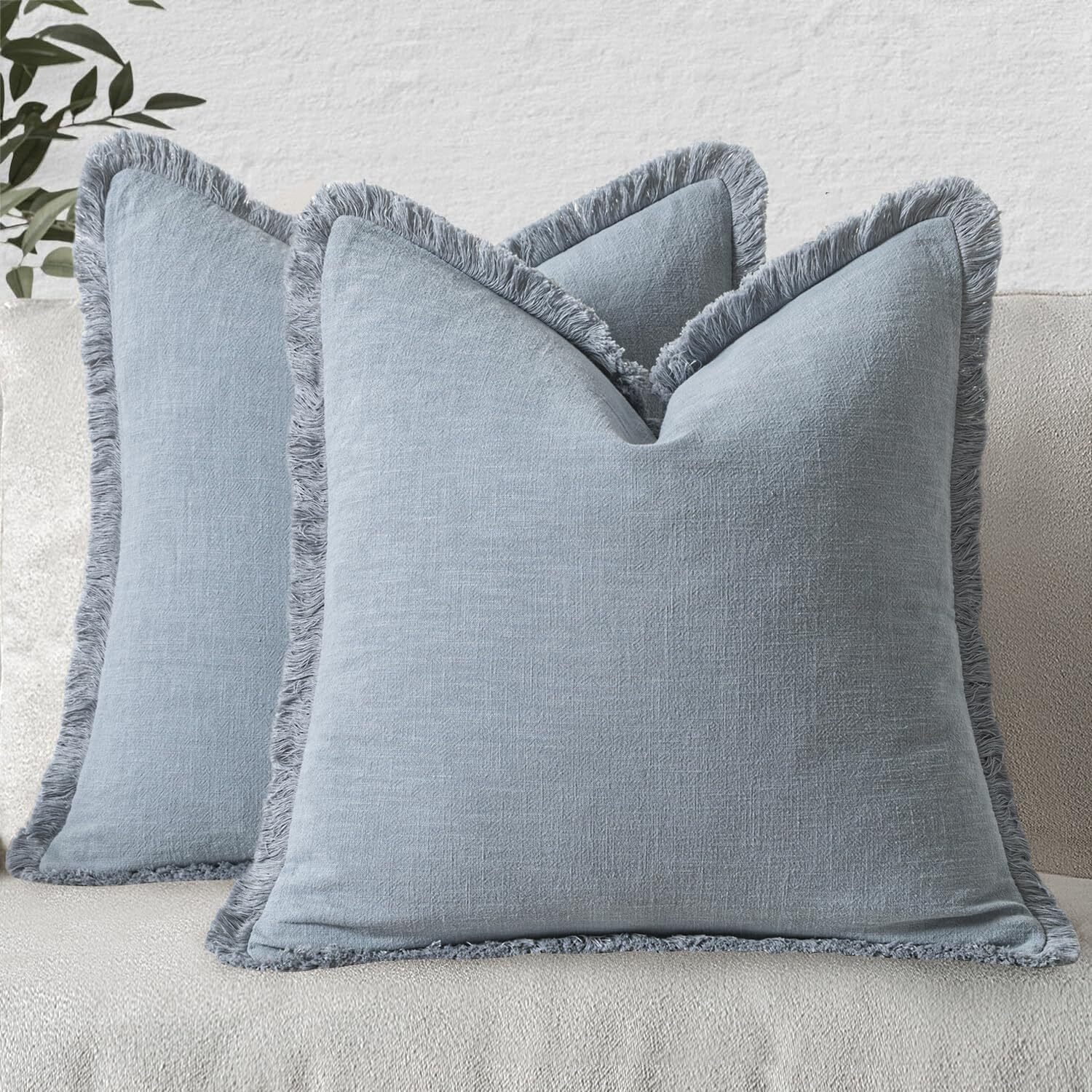 MIULEE Decorative Throw Pillow Covers Linen Fringe Light Blue 20×20 Inch