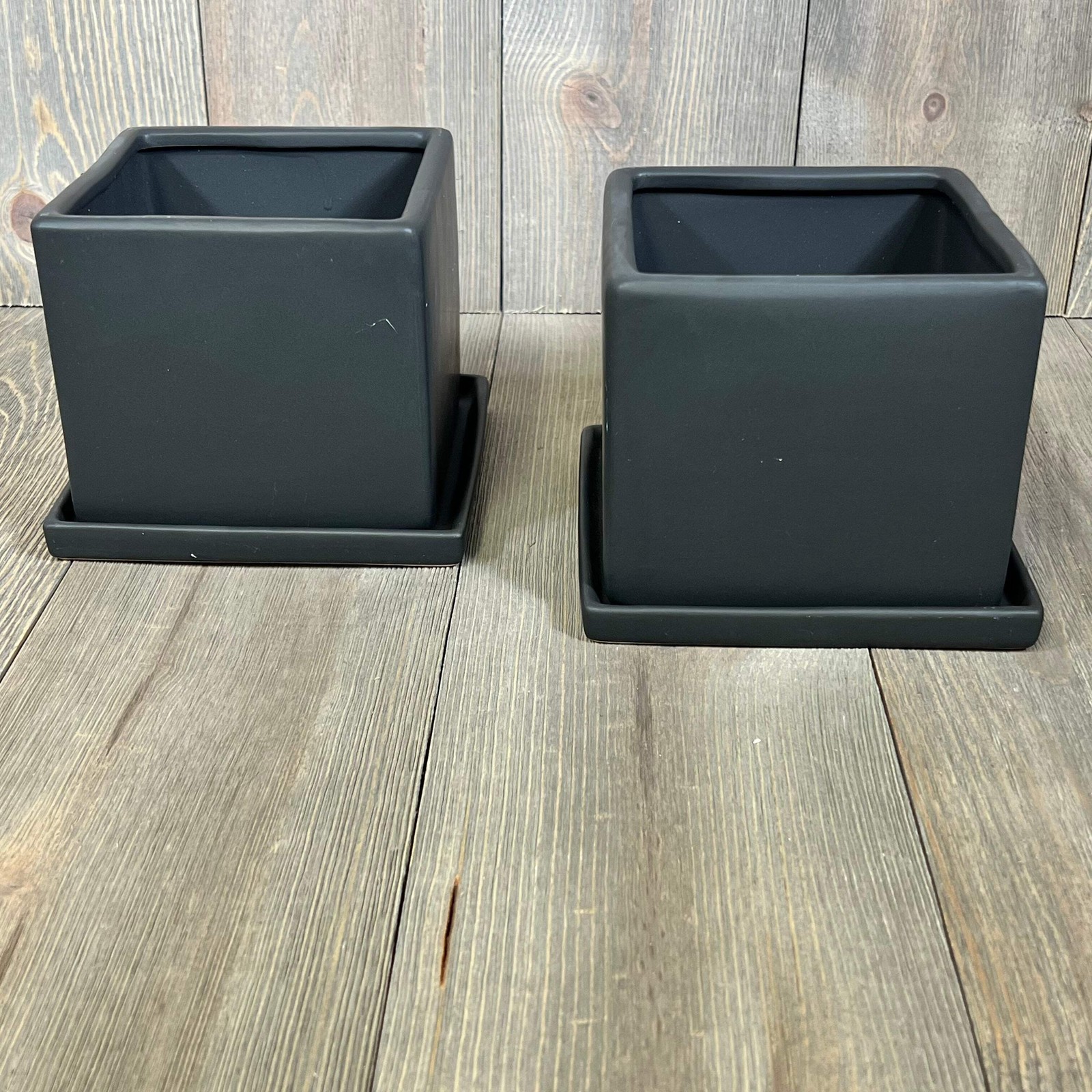 MyGift Modern Black Ceramic Square Planter Set
