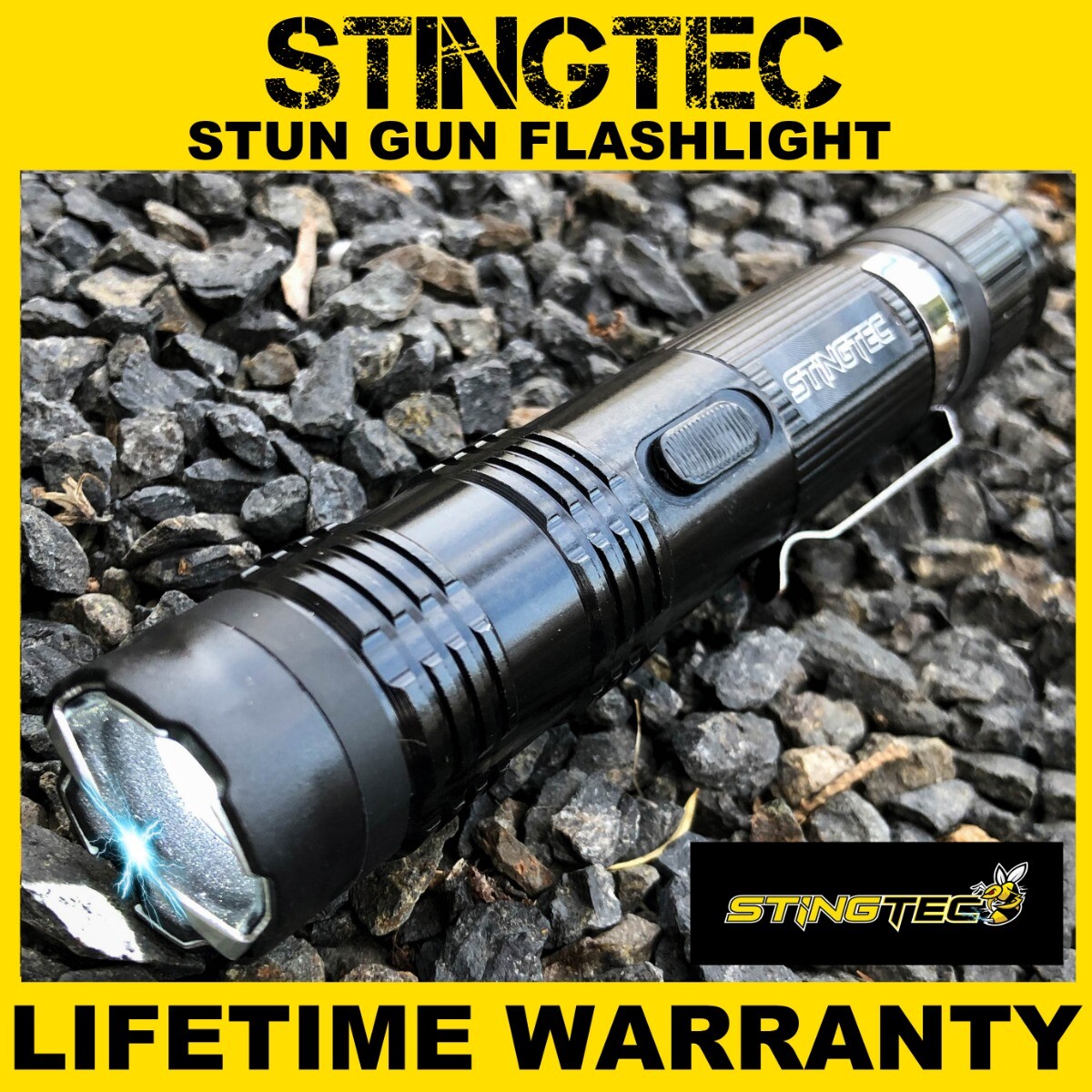Stingtec Stun Gun Self Defense Metal Rechargeable LED Flashlight Black w Charger