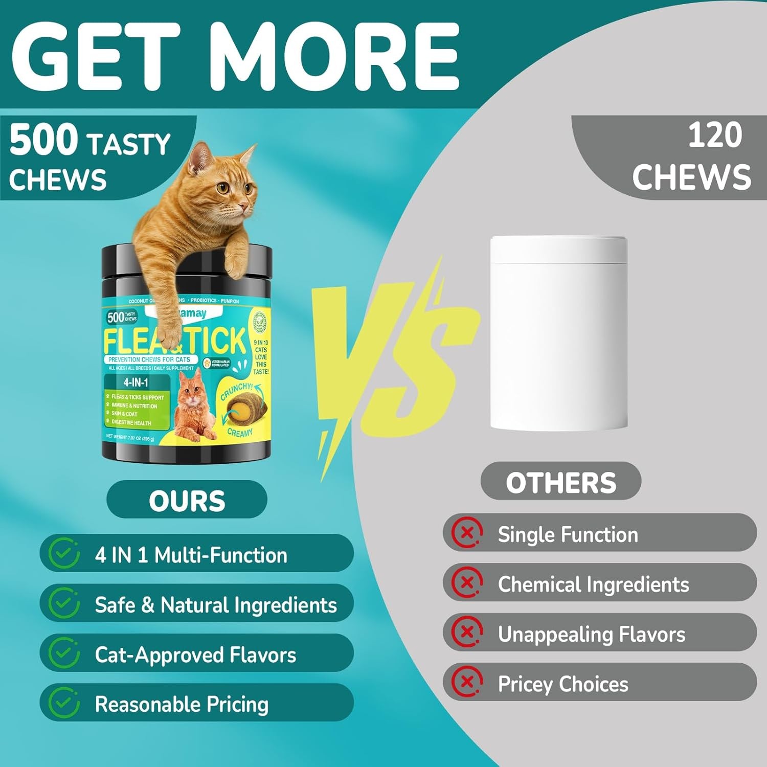 4-IN-1 Flea and Tick Prevention for Cats, 500 Crunchy & Creamy Chews, brown USA