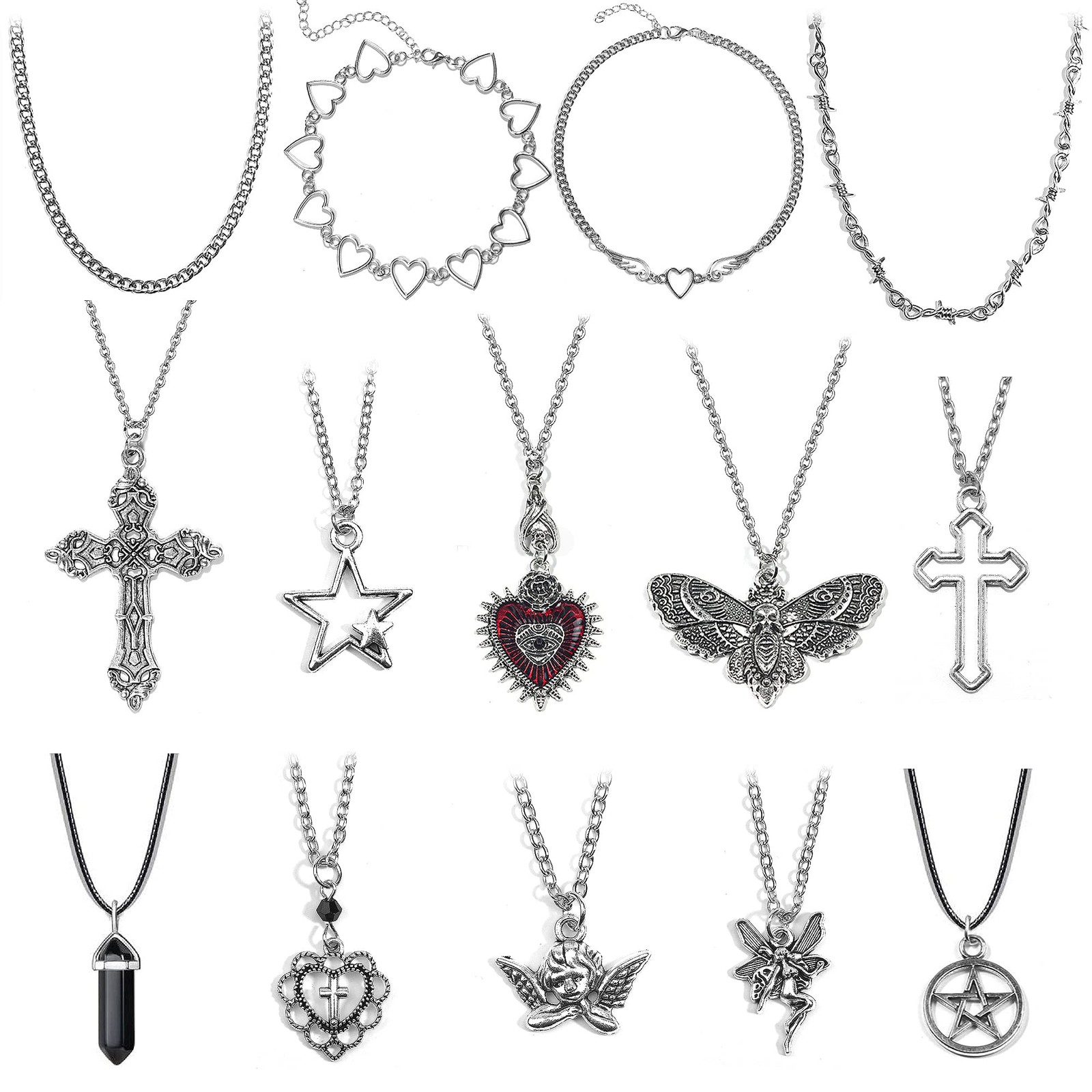 LIRUNQIN 14 Pcs Grunge Goth Necklace Set Y2k Adjustable, silver