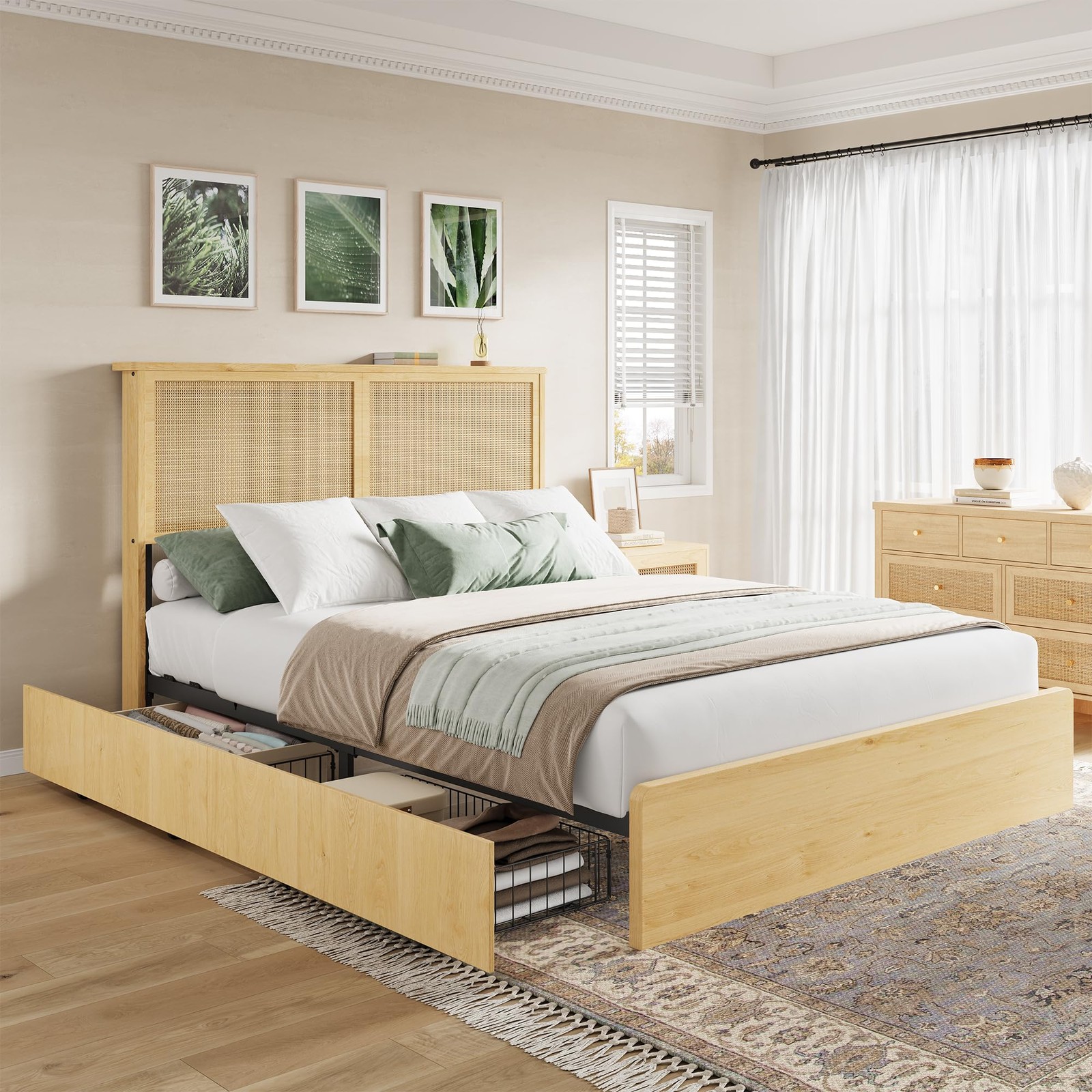 Garvee Queen Size Rattan Bed Frame with 4 Drawers, Queen(4 Drawers), Oak