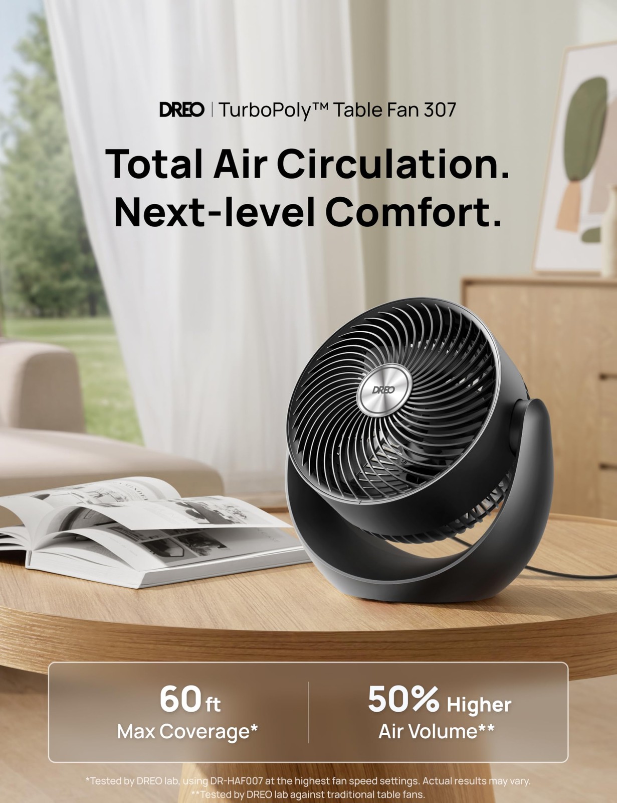 DREO Fan for Bedroom, Table Air Circulator Whole Room, 11 Small, Black
